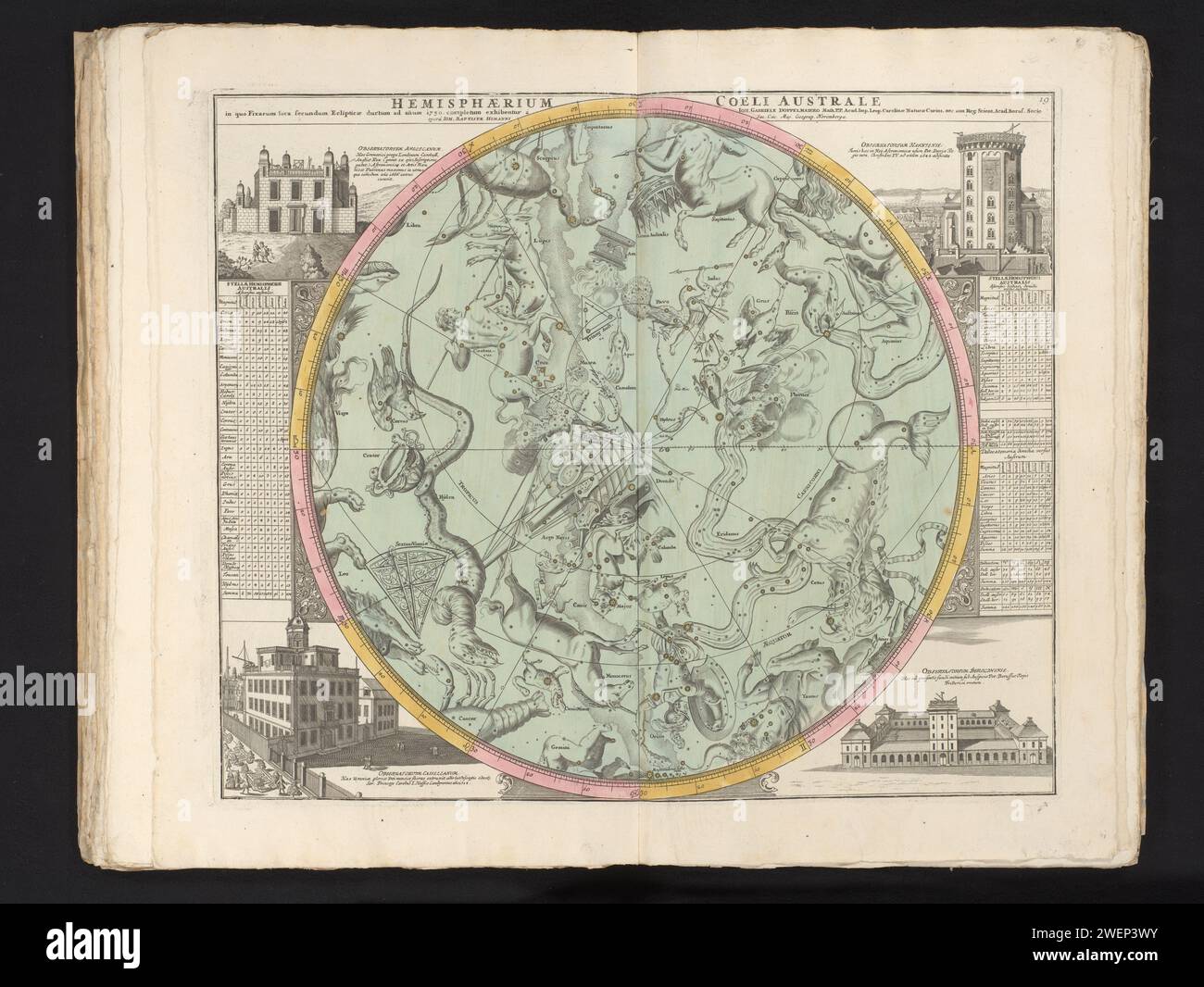 Hemelaart con le costellazioni meridionali, Anonymous, dopo Johann Gabriel Doppelmoyr, 1742 stampa negli angoli quattro facce sugli osservatori di vari astronomi. Numerato in alto a destra: 19. zodiaco per incisione/incisione su carta; i dodici segni zodiacali insieme. mappa stellare, mappa stellare. osservatorio ( astronomia) Foto Stock