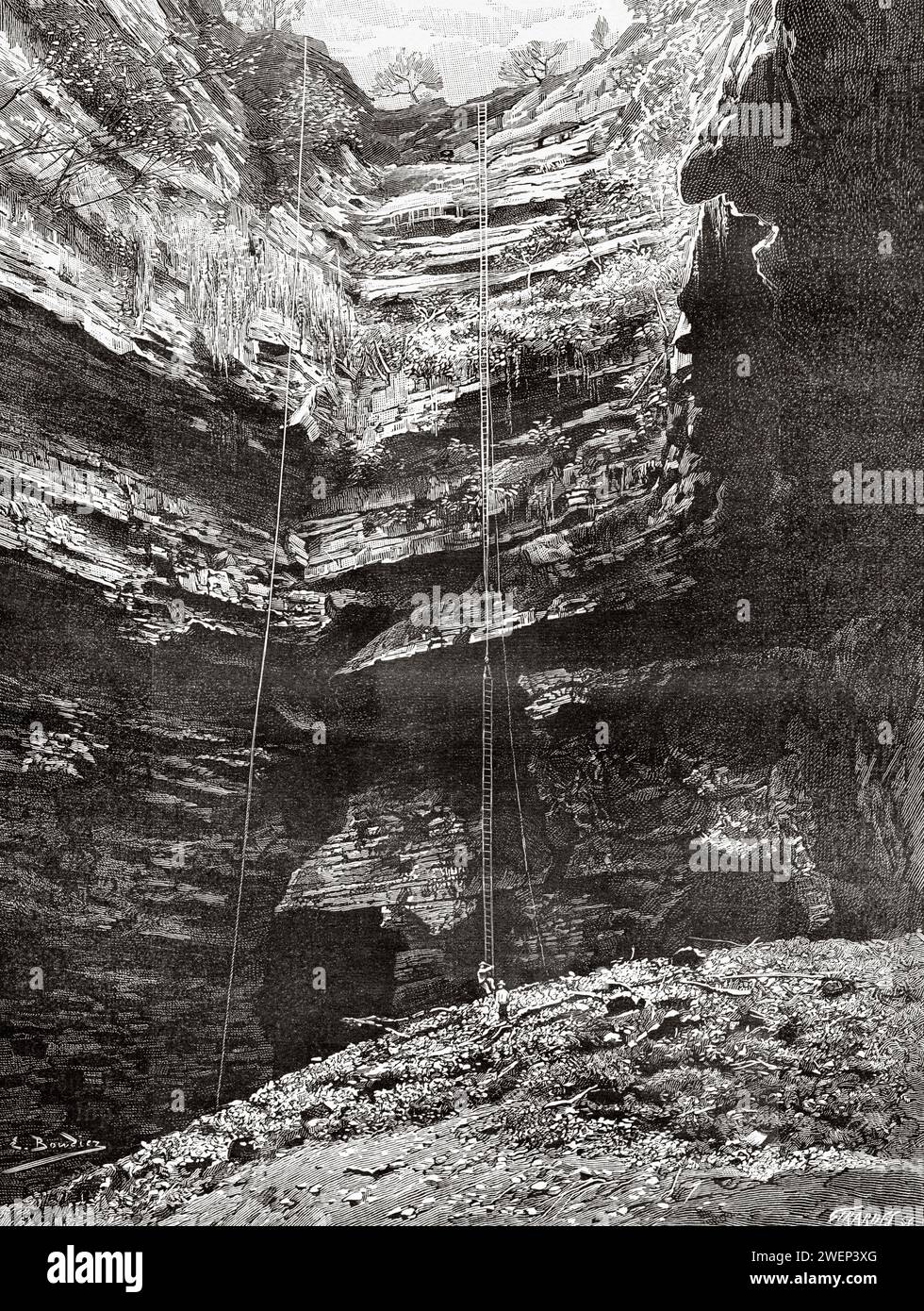 Dentro l'abisso. Cave Gouffre de Padirac, Dordogne, Francia. Il baratro del pozzo di Padirac 1889-1890 di Edouard-Alfred Martel (1859 - 1938​) Foto Stock