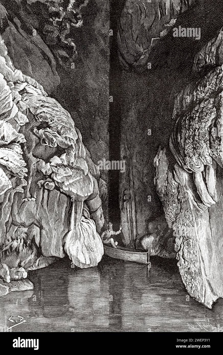 Coccodrillo. Cave Gouffre de Padirac, Dordogne, Francia. Il baratro del pozzo di Padirac 1889-1890 di Edouard-Alfred Martel (1859 - 1938​) Foto Stock