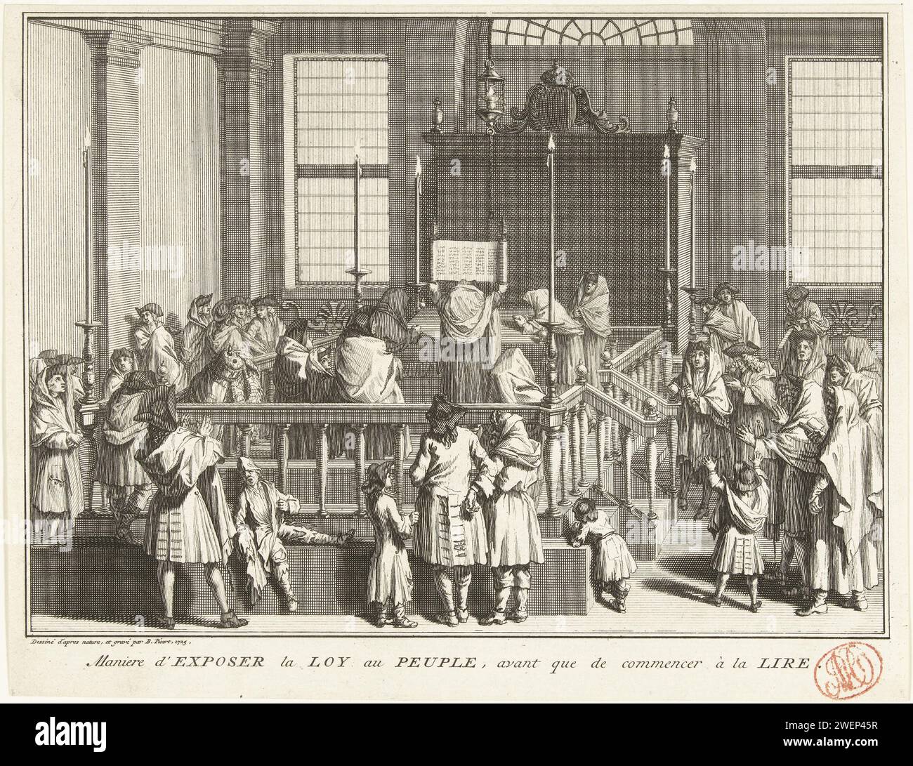Esibire la legge ebraica al popolo, ca. 1720-1725, Bernard Picart, 1725 stampa che espone la legge ebraica (Torah) al popolo della sinagoga prima che la lettura sia iniziata, ca. 1720-1725. Parte di una serie di illustrazioni di costumi religiosi. Incisione/incisione di carta lettura della Torah  religione ebraica Foto Stock