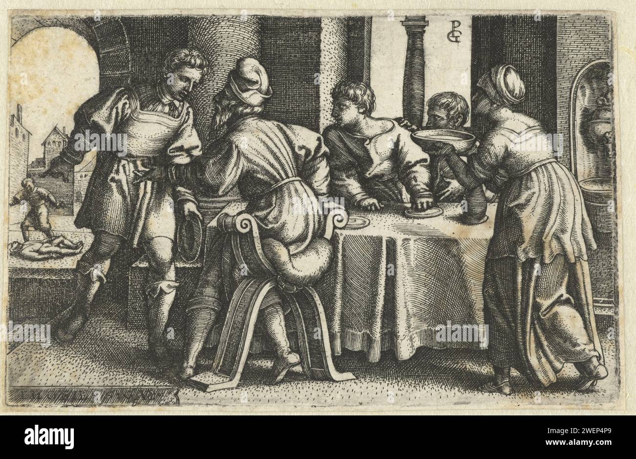 Tobit lascia la festa dopo che Tobias gli dice di un uomo ucciso, Georg Pencz, stampa del 1543 Tobias entra nella casa dove la sua famiglia usa una festa al tavolo e dice a suo padre Tobit che c'è un uomo strangolato fuori. Suo padre si alza immediatamente. Tobit aveva preso il compito di seppellire tutti i poveri uccisi dal re assiro in modo decente (Tobia 2: 3-4). L'incisione di carta del vecchio Tobit lascia il banchetto e porta l'uomo morto in una casa Foto Stock
