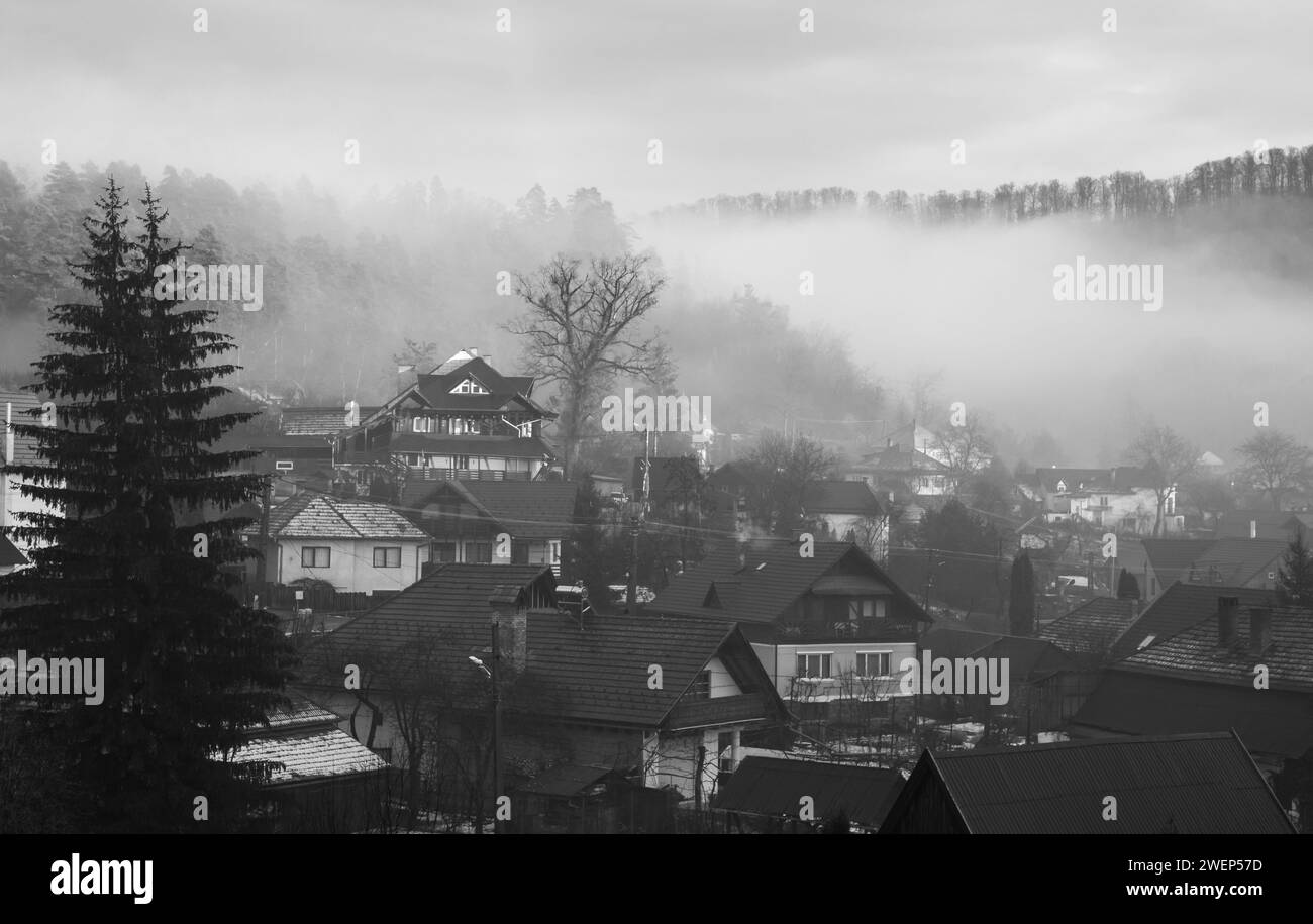 Un'immagine in scala di grigi del paesaggio con la nebbia sulle case del villaggio Foto Stock