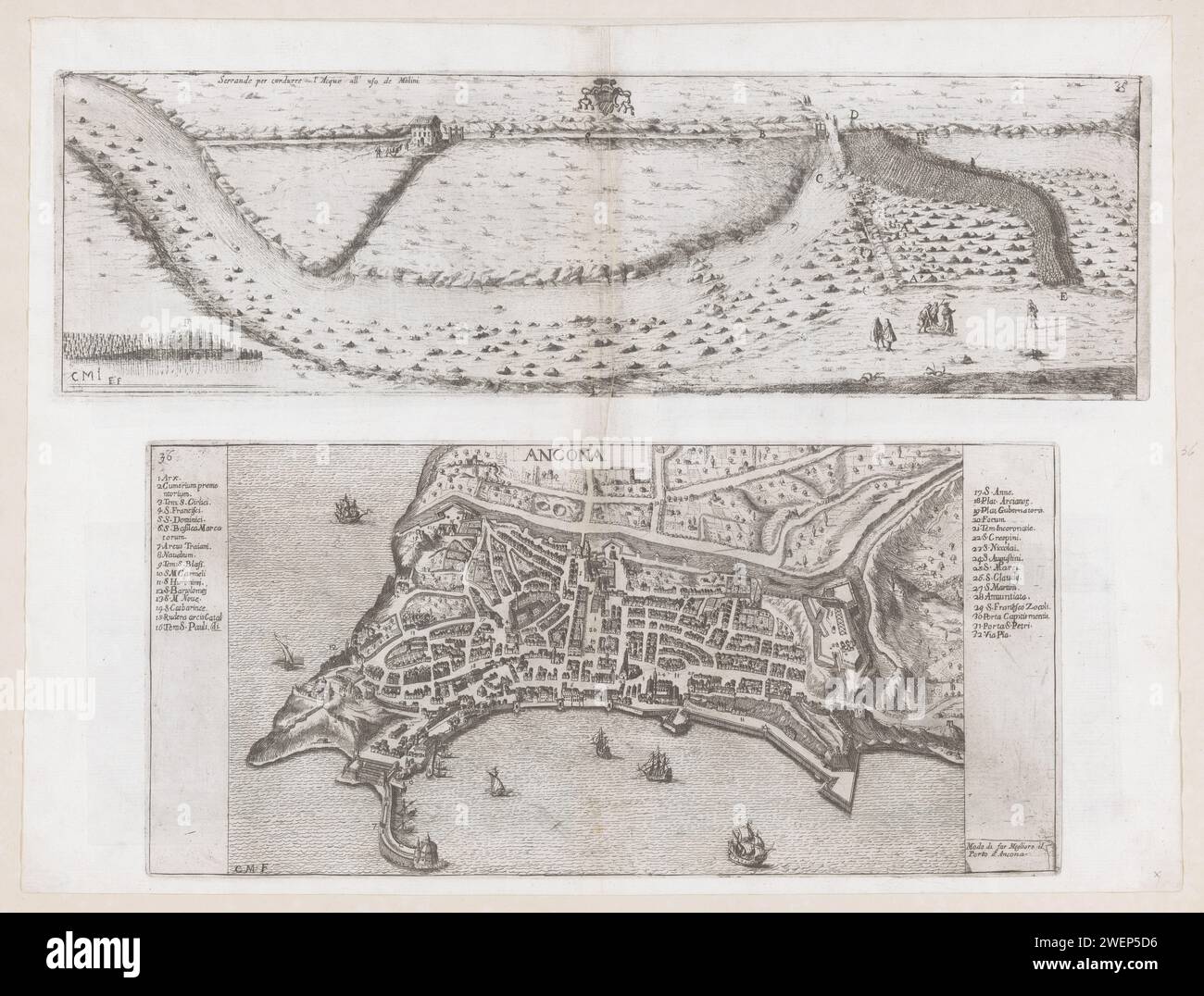 Due spettacoli di un fiume e una mappa di Ancona, Cornelis Meijer, stampa del 1696 Stampa superiore in alto a destra numerata: 35. La parte inferiore viene stampata in alto a sinistra: 36. fiume di incisione della carta. Mappe delle città di Ancona Foto Stock