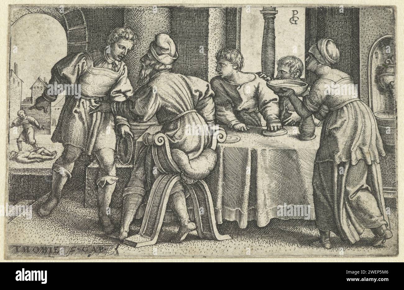 Tobit lascia la festa dopo che Tobias gli dice di un uomo ucciso, Georg Pencz, stampa del 1543 Tobias entra nella casa dove la sua famiglia usa una festa al tavolo e dice a suo padre Tobit che c'è un uomo strangolato fuori. Suo padre si alza immediatamente. Tobit aveva preso il compito di seppellire tutti i poveri uccisi dal re assiro in modo decente (Tobia 2: 3-4). L'incisione di carta del vecchio Tobit lascia il banchetto e porta l'uomo morto in una casa Foto Stock