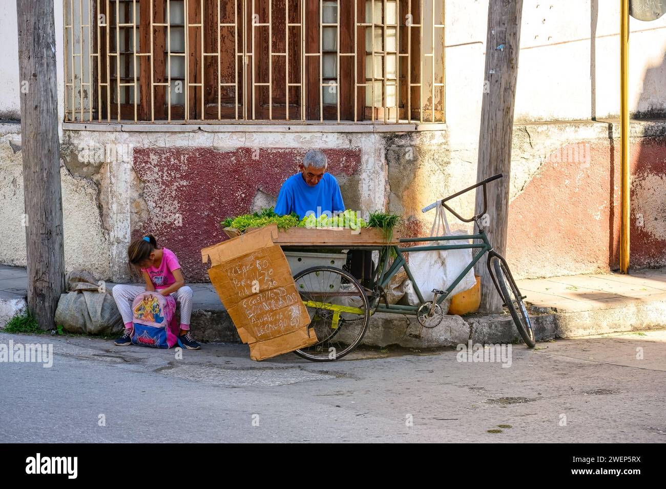 uomo anziano che vende verdure nell'angolo della città, santa clara, cuba Foto Stock