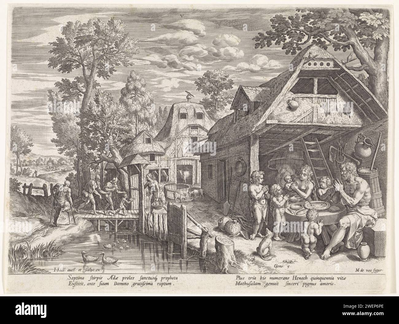Enoch e la sua famiglia, Johann Sadeler (i), dopo Maerten de Vos, 1586 stampa Enoch è seduto al tavolo con la sua famiglia. Tra le braccia di sua moglie il neonato Metuselach. La famiglia prega per mangiare a Dio. Sullo sfondo, il cibo viene distribuito a mendicanti e crackling. La stampa ha una didascalia latina. Storia dell'incisione su carta di Enoch, figlio di Jared, che inventò le lettere e fu il primo a dividere l'anno in stagioni e in dodici mesi. pasto (famiglia). pregare a tavola, dire grazia. opere di beneficenza Foto Stock