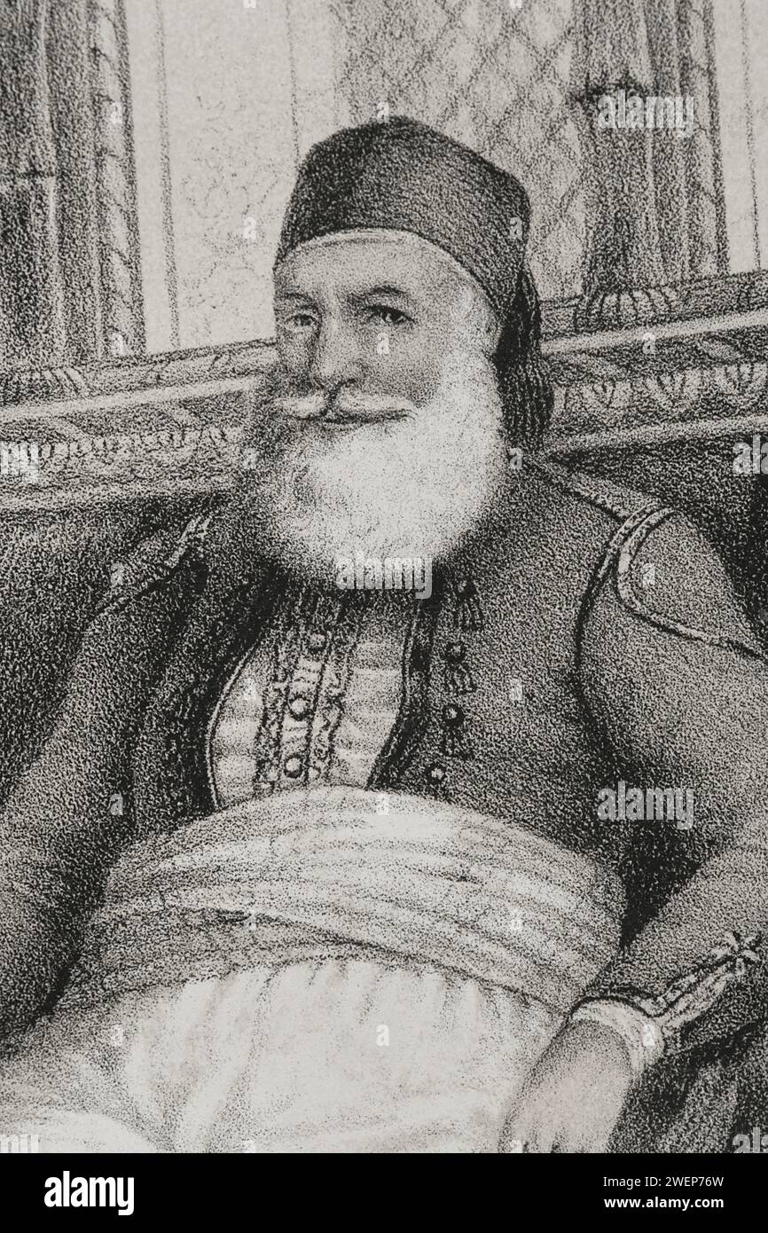 Muhammad Ali (1769-1849). Pascià d'Egitto dal 1805 al 1848. Ritratto. Disegno di M. Iglesias. Litografia di J. Donón. Dettagli. "Reyes Contemporáneos" (re contemporanei). Volume II Pubblicato a Madrid, 1852. Foto Stock