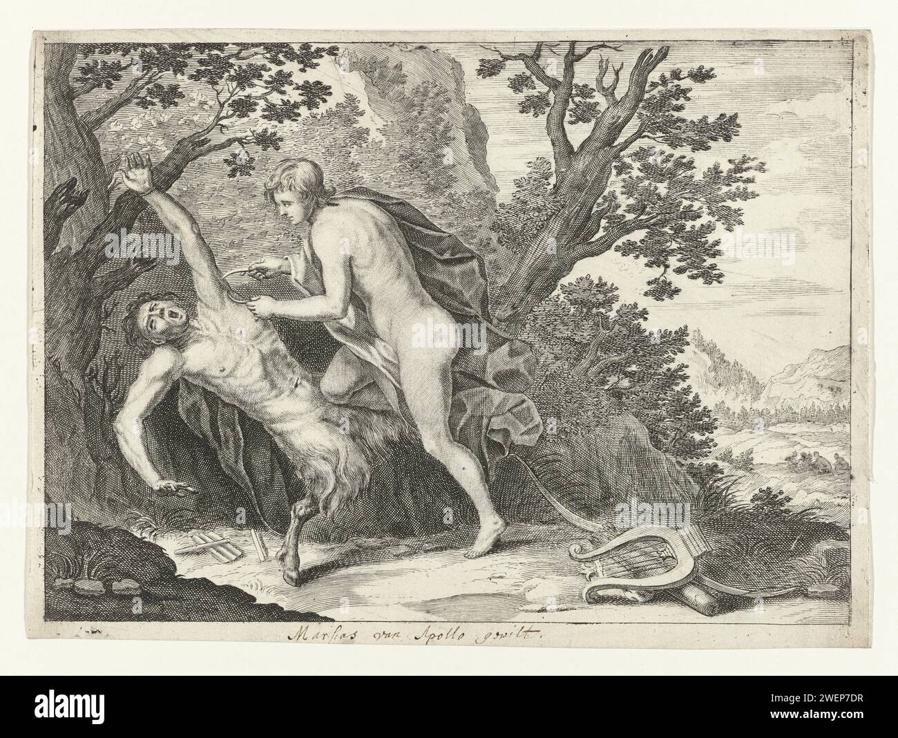 Apollo VILT Marsias, Crispijn van de PASSE (II) (II) (II) (II) (II to), dopo Guido reni, c. 1636 - stampa Apollo feltrita il Sater Marsyas vivo mentre è legato ad un pino. Il suo fischio rotto è sotto Marsyas. Davanti agli attributi di Apollo. Incisione di carta punizione di Marsyas: È scoraggiato da Apollo. panpipes. lire, cithara, salterio Foto Stock