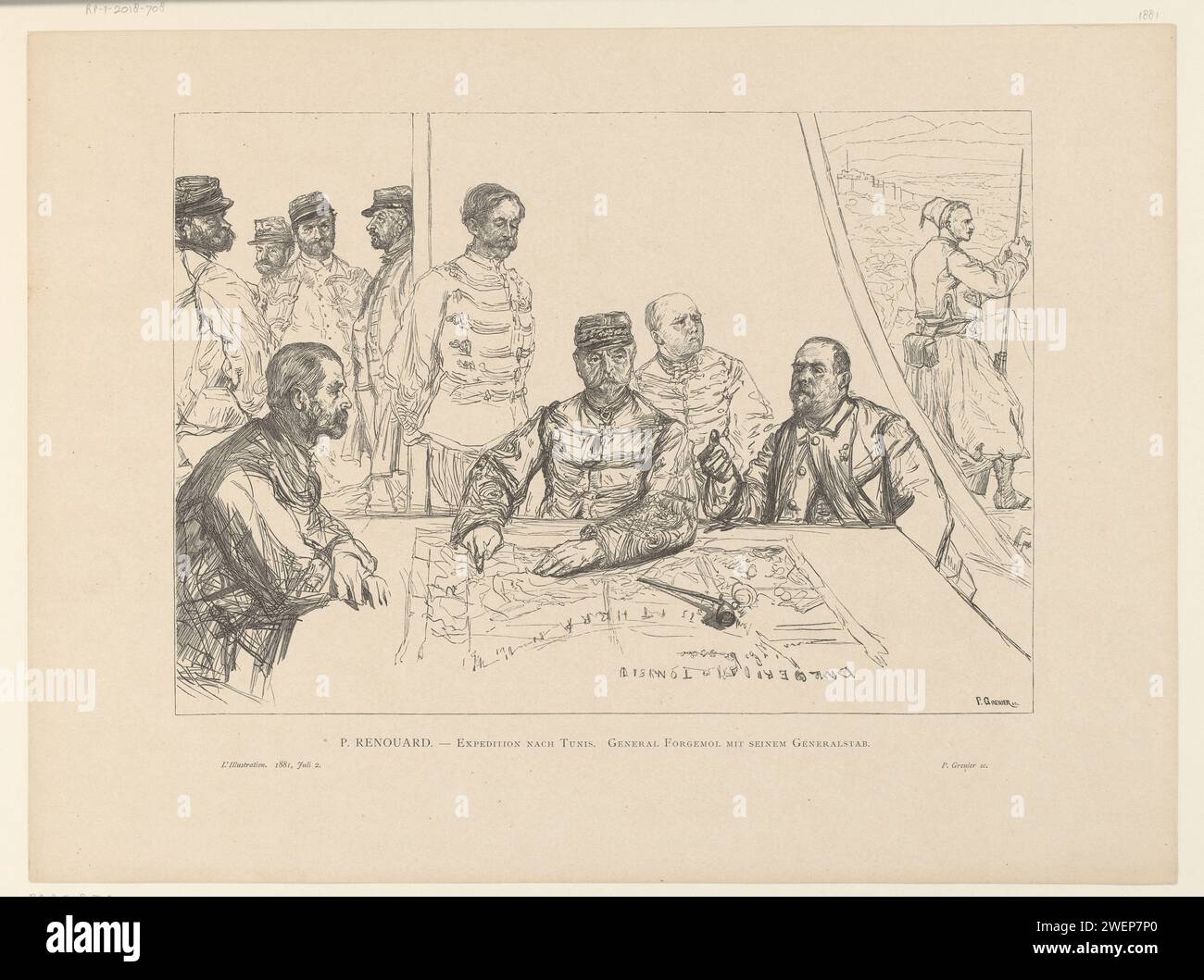 Spedizione militare in Tunisia sotto il generale Forgemol, 1881, P. Grenier, dopo Paul Renouard (1845-1924), 1881 stampa spedizione militare francese in Tunisia sotto il comando del generale Léonard-Léopold Forgemol de Bostquénard, 1881. Budges in una tenda tra i militari. comandante in capo di carta, generale, sceriffo. consiglio di guerra Tunisia Foto Stock