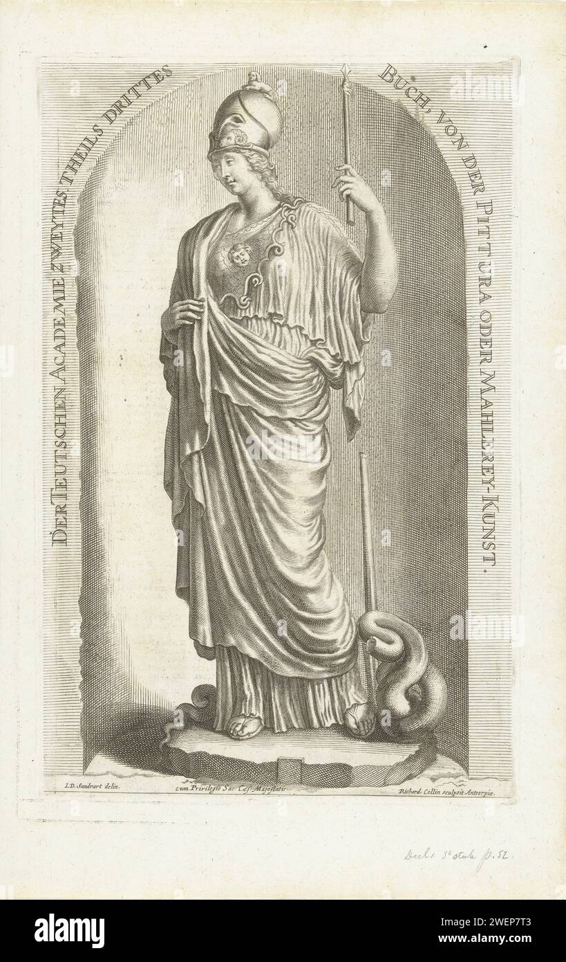 Minerva, Richard Collin, dopo Joachim von Sandrart (i), 1675 - 1680 stampa immagine di un'immagine della dea Minerva, nota anche come Minerva Giustiniani. Minerva tiene la lancia nel braccio sinistro. Frontespizio per Teutsche Academie der Edlen Bau, Bild-und Mahlerey-Künste seconda parte, il terzo libro sulla pittura. incisione su carta / incisione di un pezzo di scultura, riproduzione di un pezzo di scultura. (Storia di) Minerva (Pallas, Atena) Foto Stock