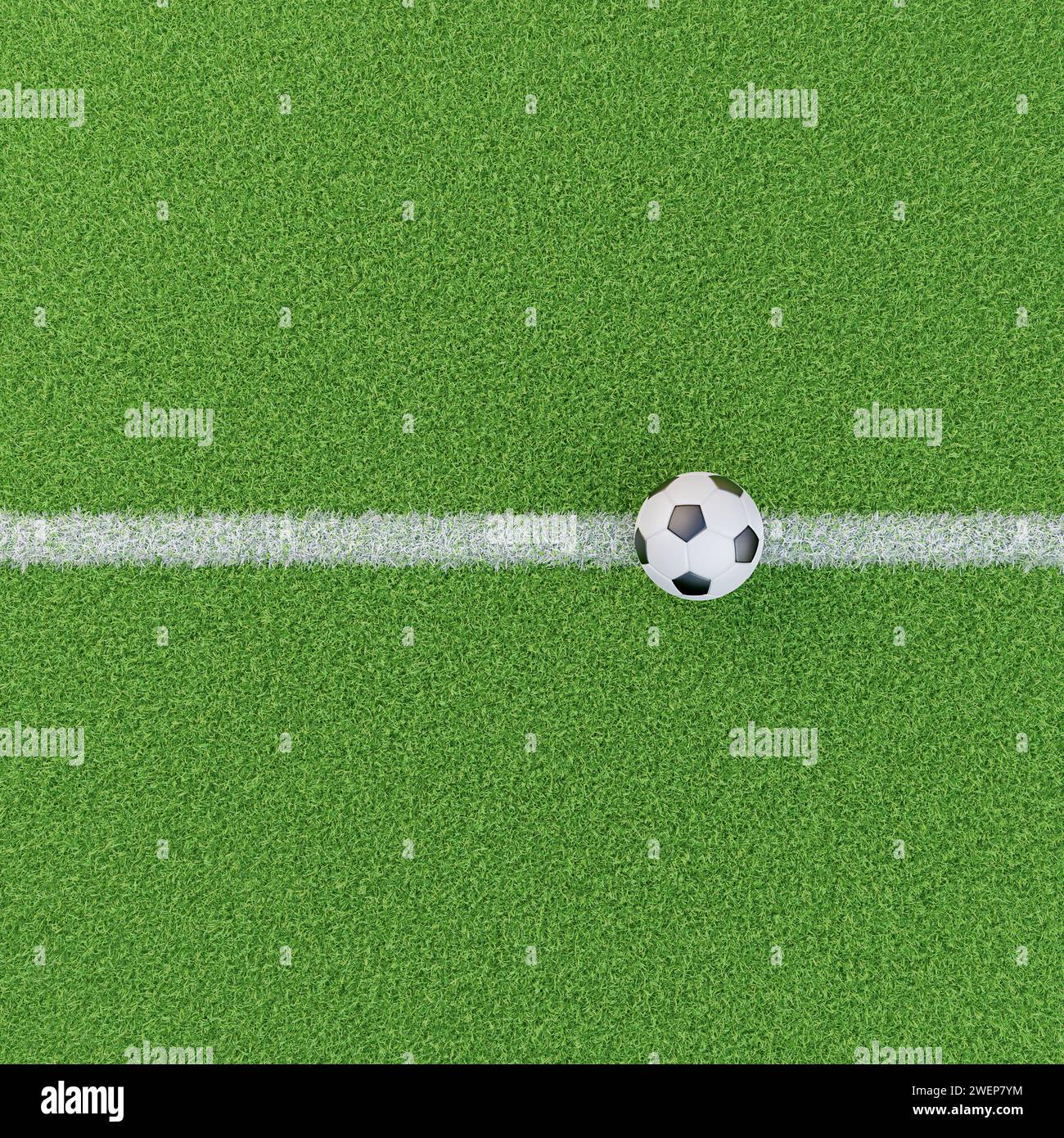 Gesso su un campo in erba con una palla da calcio. Immagine di base per compositi per immagini di sport calcistici. Vista ad alto angolo. Foto Stock