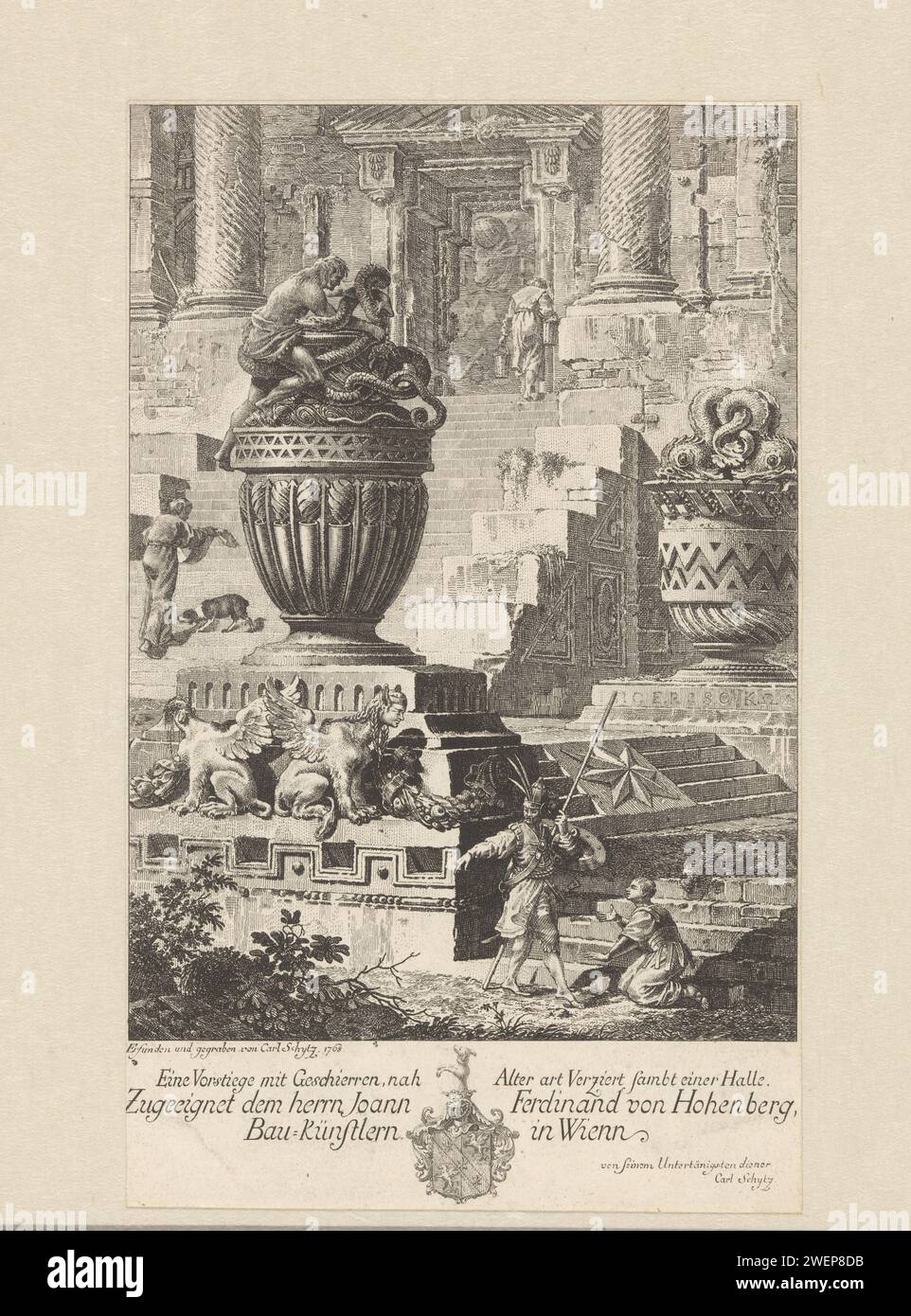 Architettura fantastica, Carl Schütz, carta stampata 1768 incisione architettura fantastica, fantasie architettoniche irrealistiche. cuscinetto araldico Foto Stock