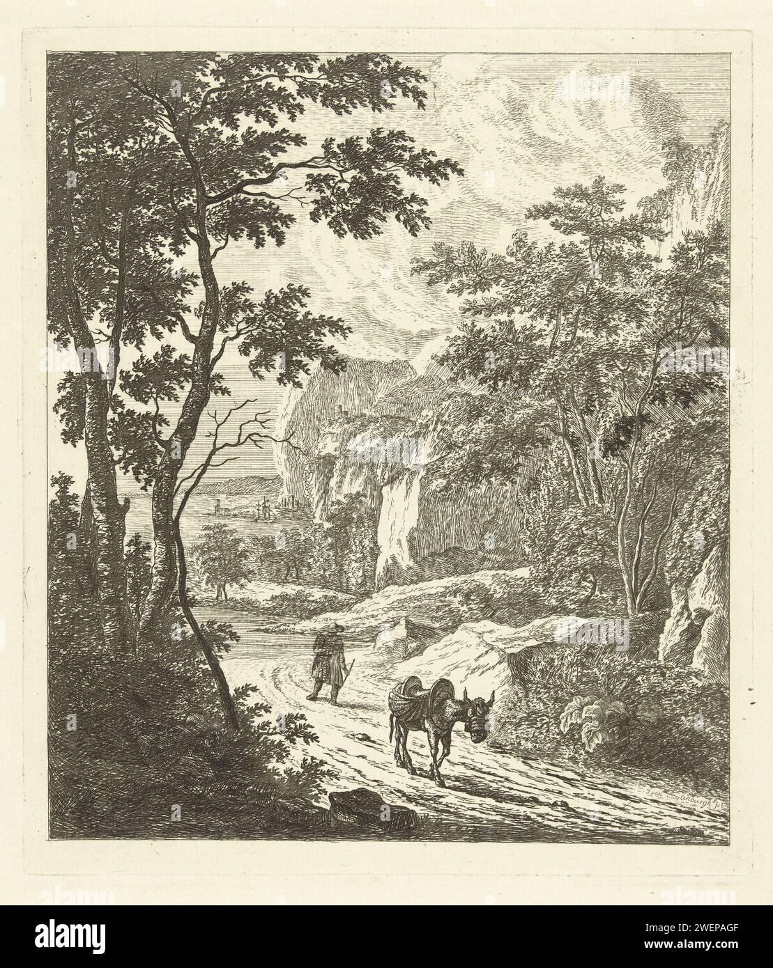 Paesaggio con ciclista di asini, Johannes van Cuylenburgh, dopo Jan Both, 1803 - 1841 stampa carta incisione (alta) collina Foto Stock