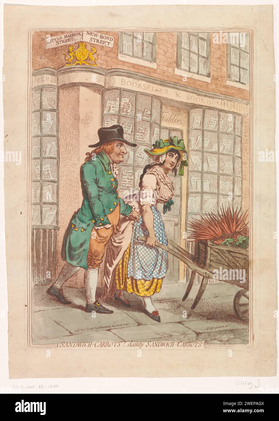 Donna con una carriola con carote per la vetrina del libraio Robert Faulder a Londra, James Gillray, 1796 stampa Una donna con un cappello e un grembiule corre dietro una carriola con carote. John Montagu, conte di Sandwich, corre dietro di lei. Sullo sfondo la finestra del libraio Robert Faulder all'angolo tra Little Madox Street e New-Bond Street. libreria per l'incisione della carta, libraio. vetrina, vetrina. caricature politiche e satire. carriola. Verdure (con NOME) Bond Street Foto Stock