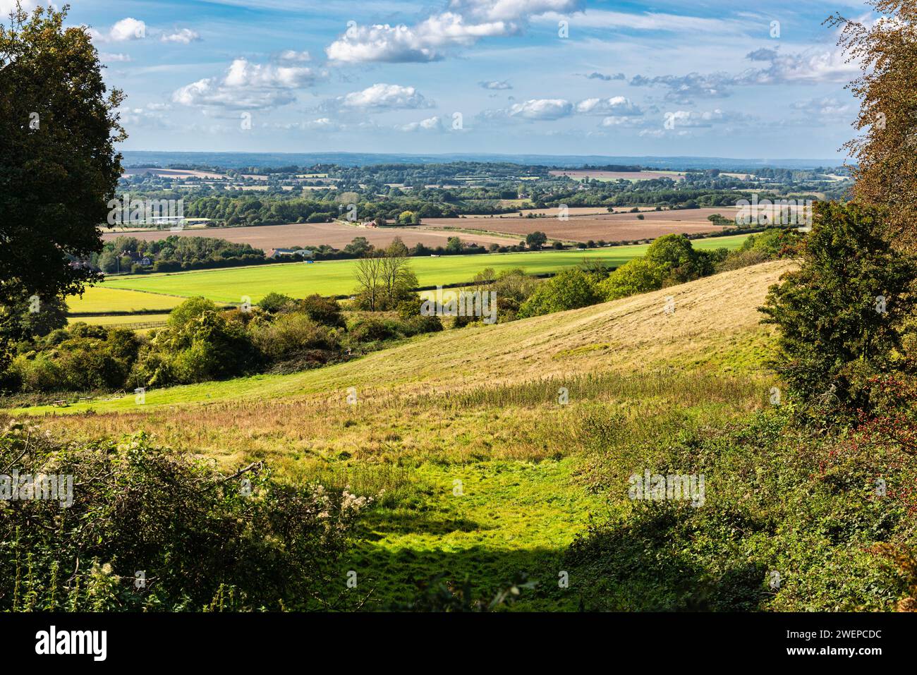 Vista sul Kent dal North Downs di Charing vicino ad Ashford nel Kent, Inghilterra. Foto Stock