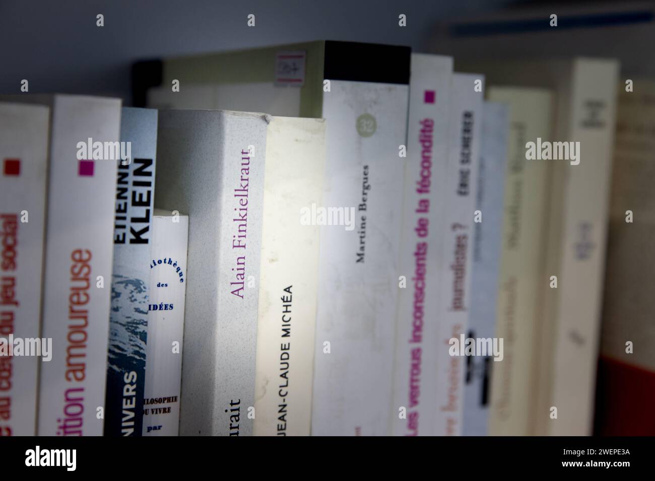 Foto di libri di Alain Finkielkraut in vendita in una libreria di Belgrado, Serbia, in francese. Alain Luc Finkielkraut è un saggista francese, r Foto Stock