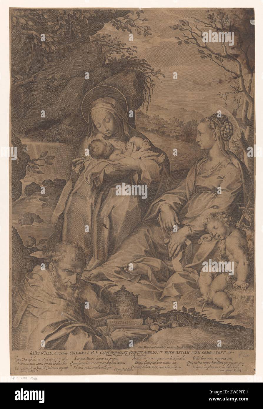 Santa Caterina van Siena con la Christkind, Maria, un Giovanni Battista addormentato e un Papa, Philippe Thomassin, dopo Francesco Vanni, 1597 carta stampata incisione della vergine e del Terziario domenicano, Caterina da Siena; possibili attributi: Libro, croce, corona di spine, crocifisso, demone sotto il piede, cuore (con croce), giglio, colpito da peste, anello, rosario, stigmate. Maria e il Cristo bambino con Giovanni Battista (da bambino) Foto Stock