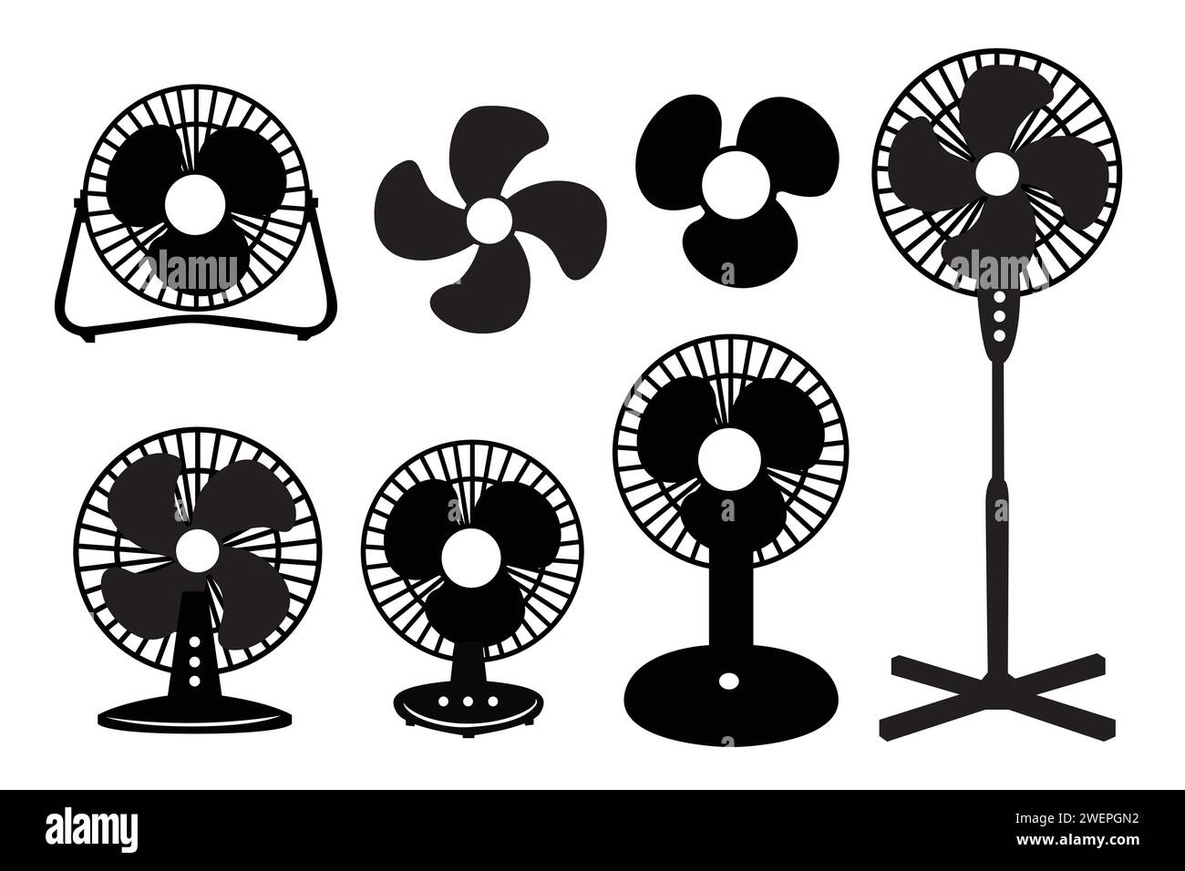 Set di ventole elettriche isolate su sfondo bianco. Illustrazione vettoriale. Illustrazione Vettoriale