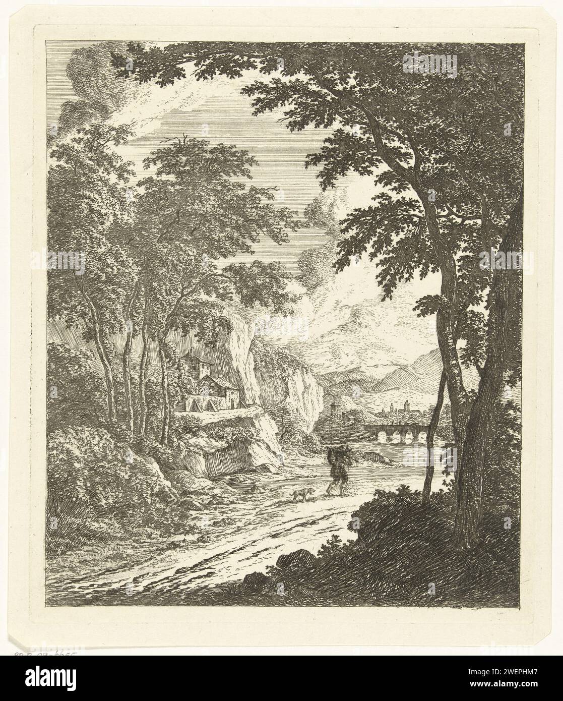 Paesaggio con fiume e uomo con cane, Johannes van Cuylenburgh, dopo Jan Both, 1818 stampa carta incisione (alta) collina Foto Stock