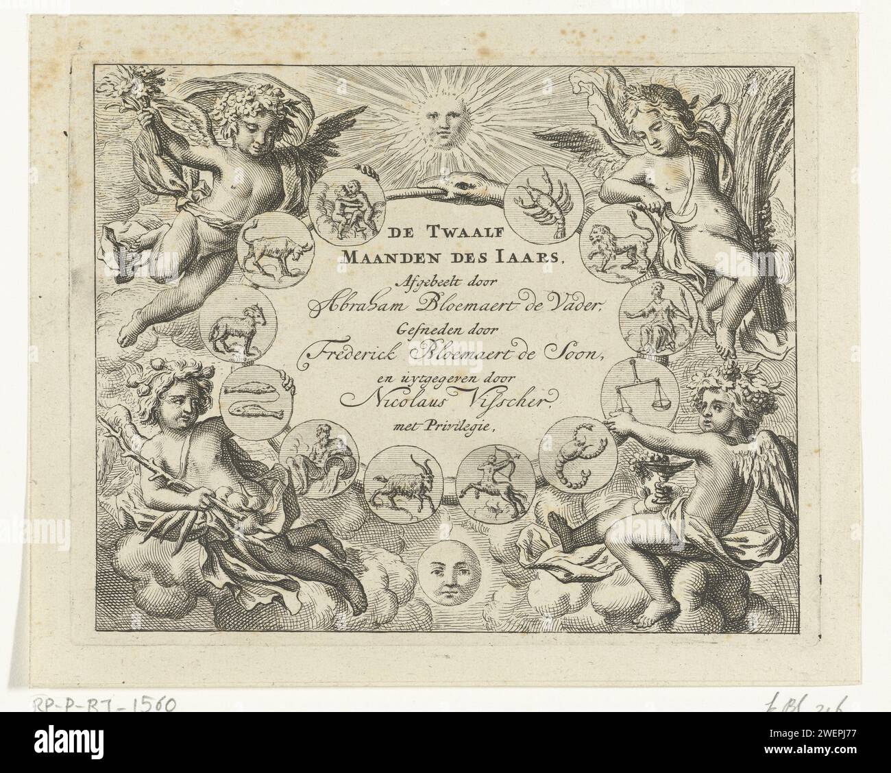 Segni dello zodiaco circondati da Putti, Frederick Bloemaert, dopo Abraham Bloemaert, dopo il 1635 - 1670 stampano i segni dello zodiaco in un ovale circondato da quattro putti che portano attributi di mesi diversi. Sopra l'ovale il sole, sotto la luna. Stampa del titolo per una serie di dodici stampe con i mesi dell'anno. pagina del titolo dell'incisione su carta. zodiaco; i dodici segni zodiacali insieme Foto Stock