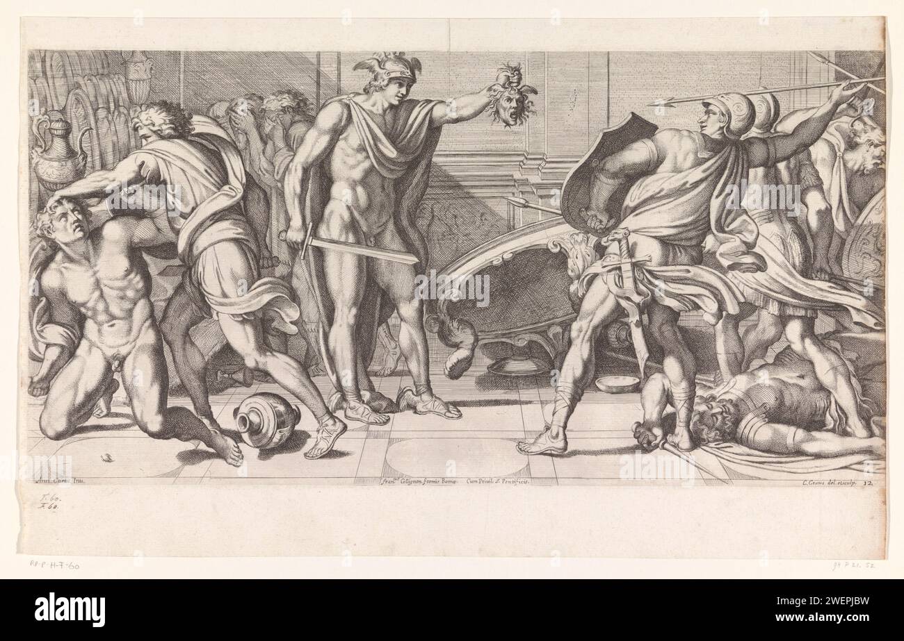 Fineo e i suoi seguaci cambiarono in pietra, stampa del 1656 Vista in una sala delle feste nel palazzo del re etiope dove si combatte. Nel mezzo c'è Perseo che mostra la testa di Medusa agli uomini che cercano di attaccarlo con lance. Gli uomini si trasformano in pietra. La stampa apparteneva originariamente al Liber 22 dell'Atlante di Roma di Michiel Hinloopen (Schijnvoet Libro 10). La carta che incide la festa nuziale di Perseo e Andromeda viene interrotta da Phineus, un ex pretendente; ne segue una lotta. Phineus e i suoi assistenti sono trasformati in pietra Foto Stock