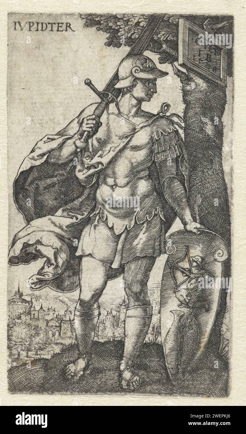 Giove, monogrammista IB (XVI secolo), 1528 stampa Giove con armatura in piedi accanto a un albero, sul suo scudo le costellazioni Sagittario e pesce. Incisione su carta (storia di) Giove (Zeus) Foto Stock