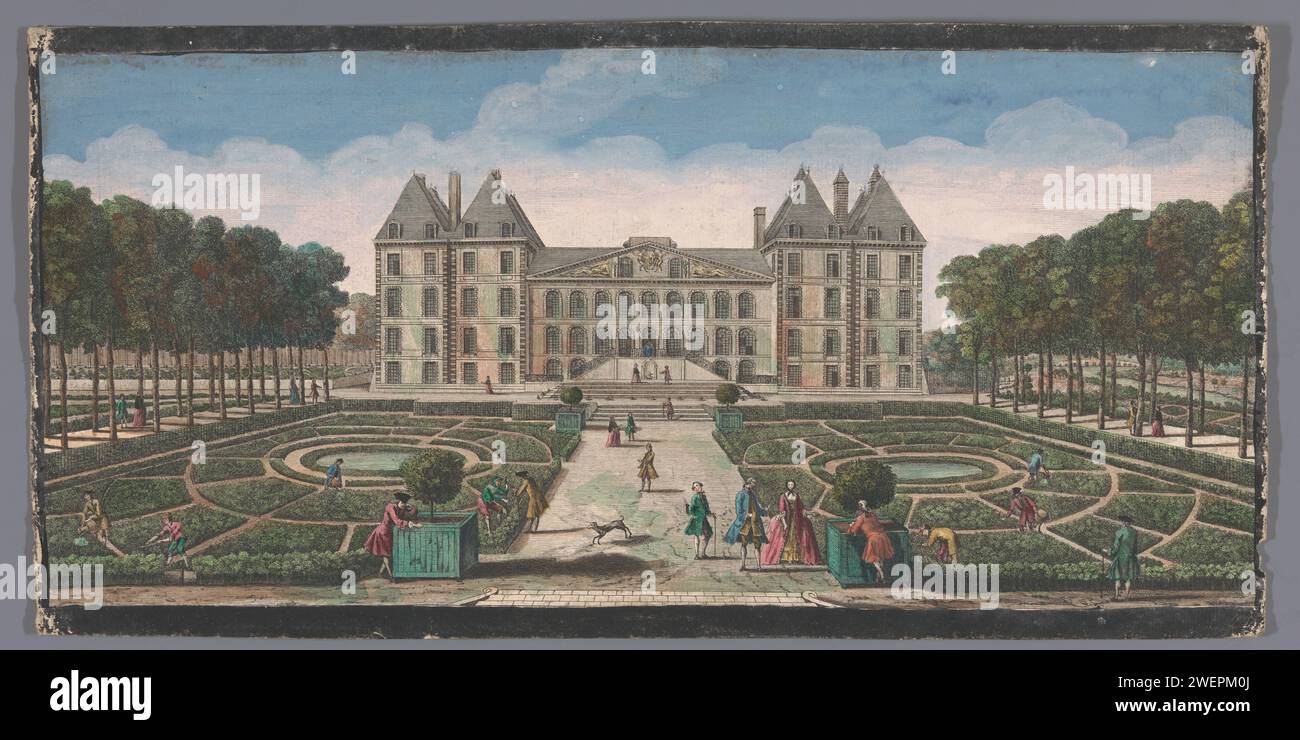 Veduta del giardino e del Château de Saint-Maur, Anonimo, 1700 - 1799 stampa nel margine inferiore una regola di testo francese. carta. cartone. acquerello (pittura) incisione / pennello architettura civica; edifici; abitazioni. giardino. opere d'acqua in giardino. Piante ornamentali castello di Saint-Maur Foto Stock