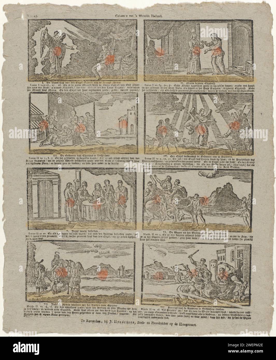 Birth of the World Savior, 1781 - 1828 stampa Foglia con 8 rappresentazioni della vita di Cristo, come la nascita, la circoncisione e la fuga in Egitto. Una citazione biblica sotto ogni performance. Numerato in alto a sinistra: N. 45. Stampa su carta con stampa su carta New Testament. Serie di scene della vita di Cristo. Maria, Giuseppe e il nuovo Cristo (Natività). Circoncisione del Cristo bambino da parte del sacerdote nel tempio (Luca 2, 21). Il massacro degli innocenti e la fuga in Egitto (Matteo 2:13-23) Foto Stock