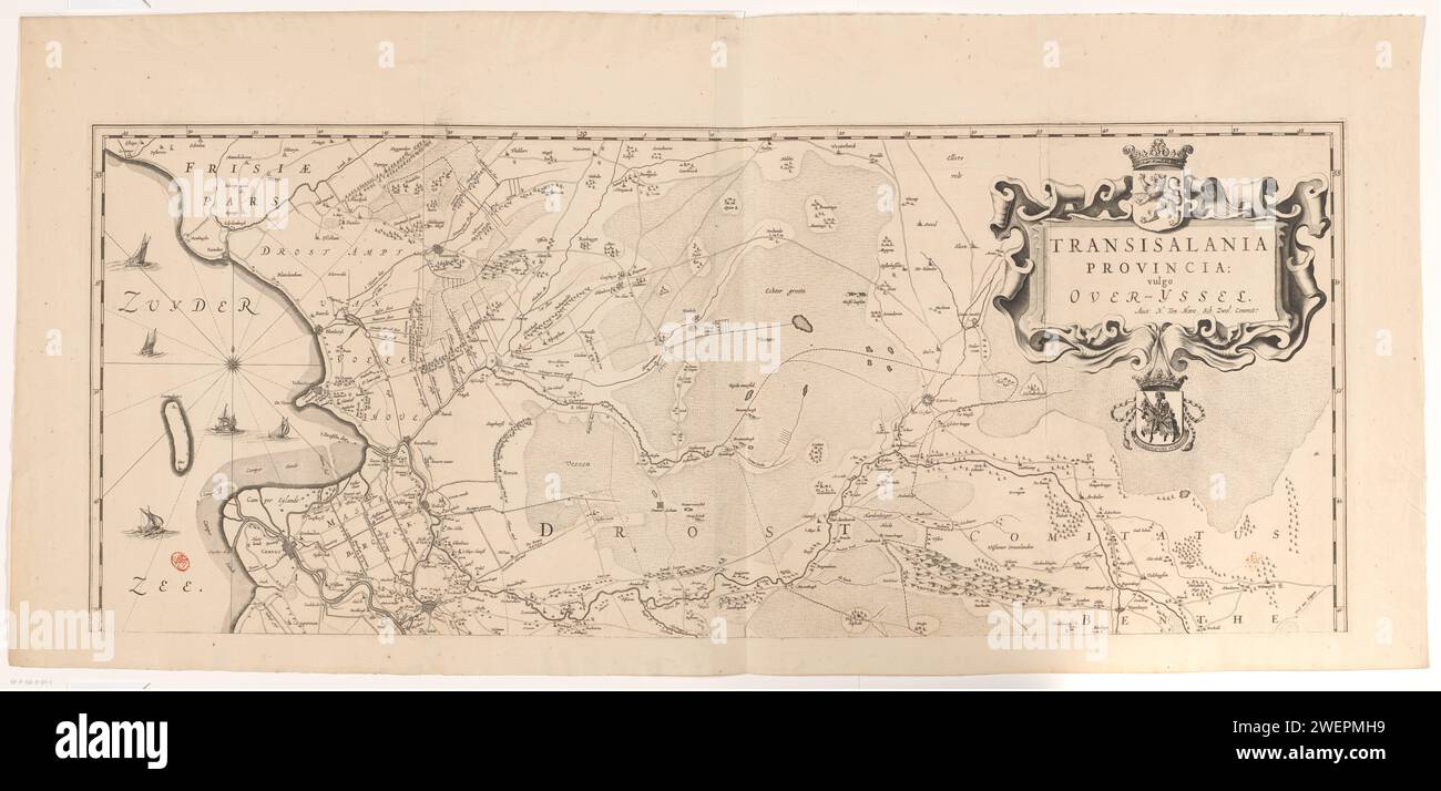 Mappa di Overijssel (parte superiore), Gerard Coeck, c. 1725 stampa parte superiore di una mappa di Overijssel. mappe cartacee per incisioni di paesi o regioni diversi. stemma (simbolo dello stato, ecc.). fisherman Overijssel Foto Stock
