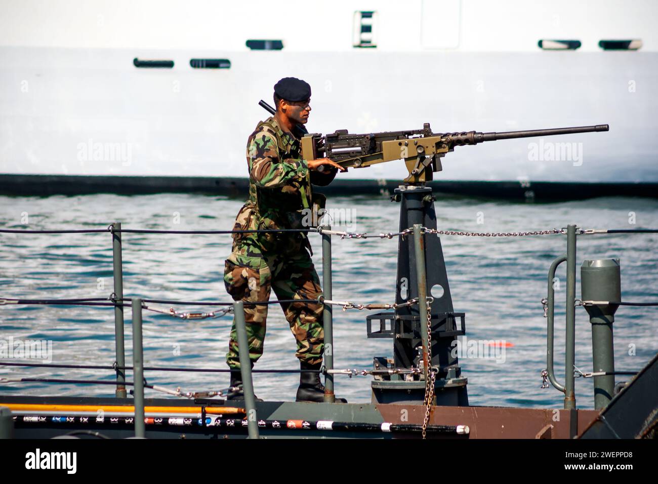 Marine olandese con una mitragliatrice Browning m2 durante una dimostrazione di assalto anfibio. Den Helder, Paesi Bassi - 7 luglio 2012 Foto Stock