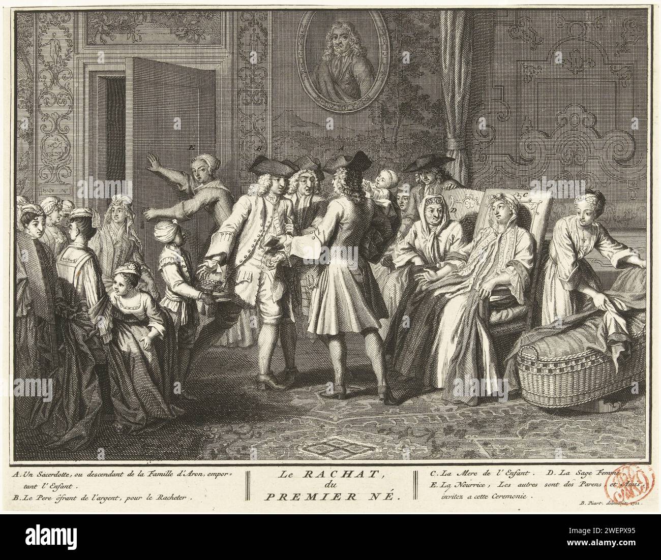 Il rilascio del primogenito, CA. 1720-1725, Anonimo, dopo Bernard Picart, stampa del 1722 Una famiglia ebraica celebra i Pesach (il ritorno o l'uscita del primogenito), ca. 1720-1725. Parte di una serie di illustrazioni di costumi religiosi. Con spiegazione delle lettere A-e in francese. Incisione/incisione di carta "Pesah", Pasqua  religione ebraica Foto Stock