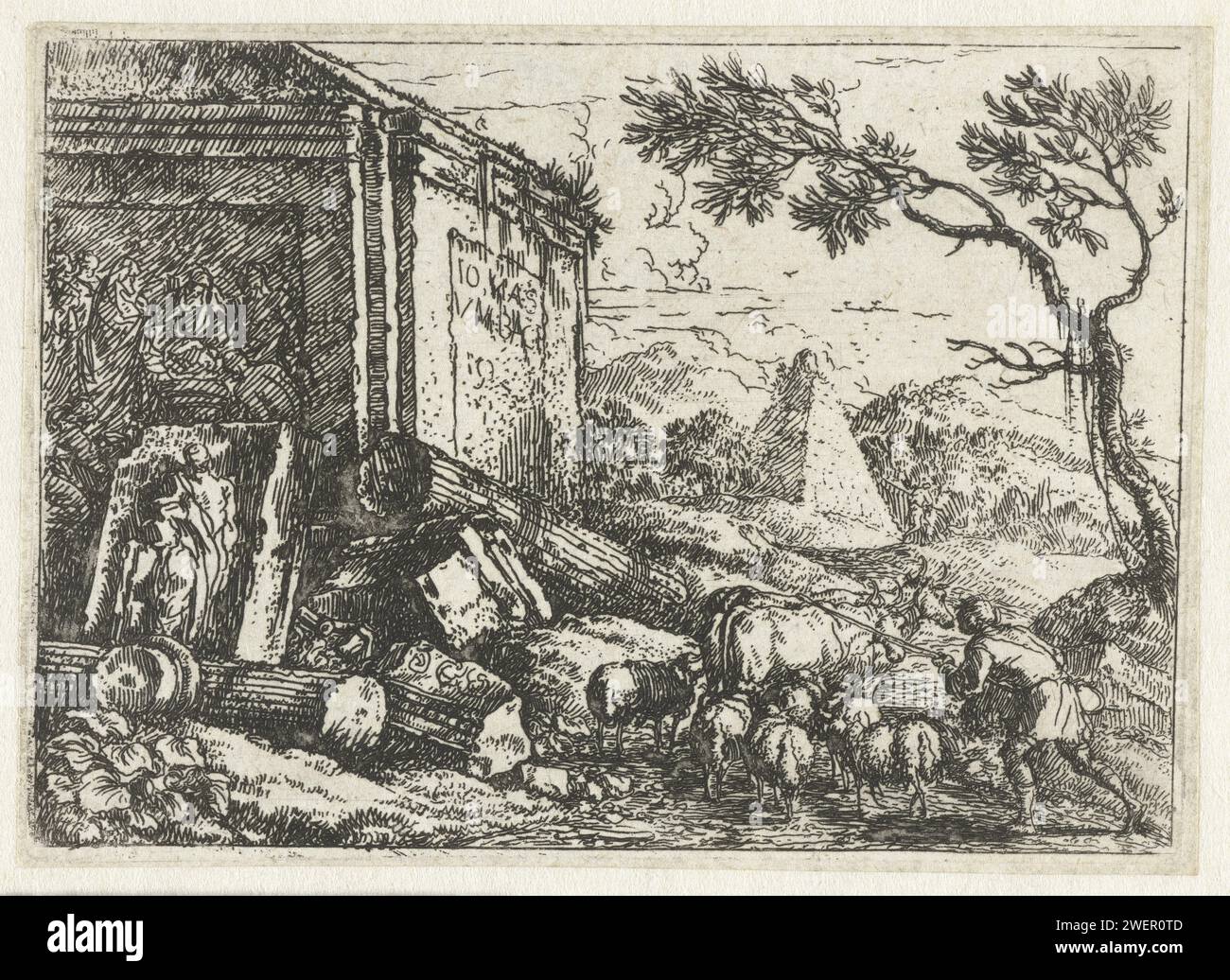 Ruinship con un pastore e la sua mandria, Jonas Umbach, 1634 - 1693 stampa paesaggio con rovine. Lasciato in mezzo a colonne e detriti liberi, un sarcofago con un rilievo. Un pastore percorre la strada con un branco di pecore e mucche. paesaggio con macchie di carta. pastori, pastori, pastori, pastori, pastori, cowhere, ecc.. Foto Stock