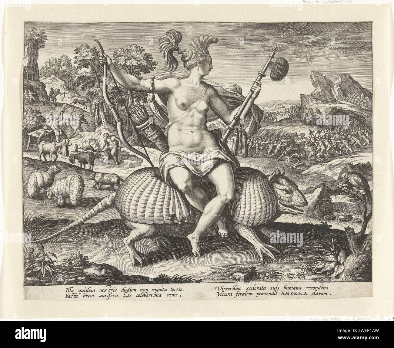 America, Adriaen Collaert, dopo Maerten de Vos, 1586 - 1591 stampa la personificazione femminile del continente americano è ad Amazonezit con un gigantesco animale sonoro con freccia e arco. Lasciati in sottofondo animali, come pecore con coda lunga e capre con orecchie lunghe. I cannibali massacrano un uomo e lo arrostiscono sopra un incendio. Giusto una battaglia tra spagnoli e abitanti originari dell'America. La stampa ha una didascalia latina e fa parte di una serie in quattro parti con personificazioni dei quattro continenti. L'incisione di carta America rappresentava allegoricamente; 'America' (Ripa). altri mammiferi: armadil Foto Stock