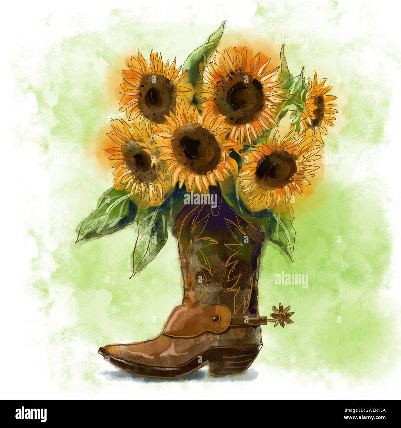 Illustrazione JPEG ad acquerello con un bouquet di girasoli gialli con cuori e foglie marroni in uno stivale da cowboy marrone su sfondo verde Foto Stock