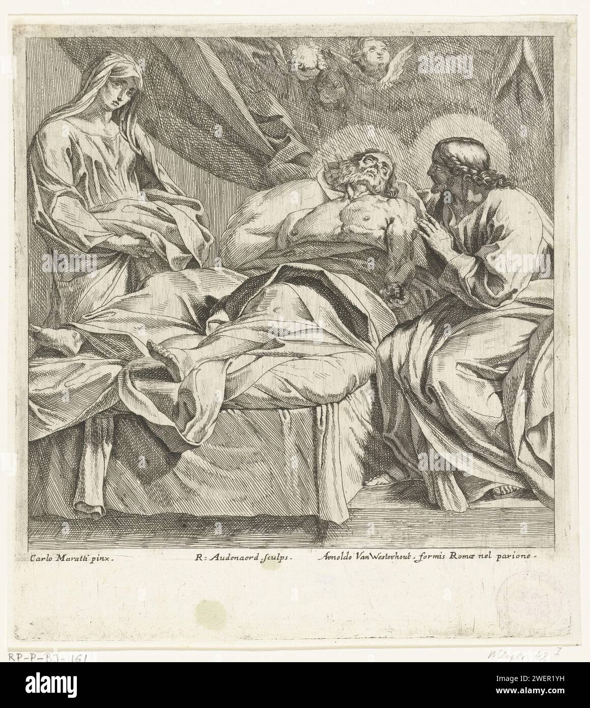 Morte di San Giuseppe, Robert van Audenaerd, dopo Carlo Maratta, 1685 - 1700 stampa Giuseppe è a letto, su entrambi i lati Maria e Cristo. Ciondolo di una stampa con uno spettacolo del volo per l'Egitto. Carta che incide Giuseppe sul letto di morte; Cristo e Maria presenti Foto Stock