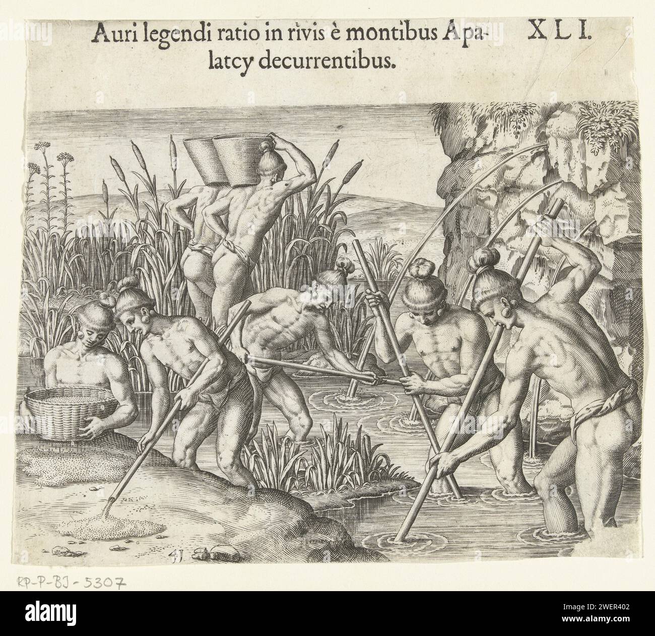 Metodo per raccogliere oro nei ruscelli che scorrono dall'Apalatcy Bergen (Appalachen?), Theodor de Bry, dopo la stampa di Johann Theodor de Bry, 1591 Un gruppo di americani originali sta cercando oro in un ruscello. Gli uomini stanno in piedi con i piedi in acqua. I raggi d'acqua provengono da una roccia. Il suolo del fiume è separato da bastoni cavi e il fondo sabbioso viene setacciato. Due uomini portano i cesti alla banca. incisione su carta / stampa di letterpress minerali e metalli: oro. caccia al tesoro, goldrush. Popoli nativi delle Americhe. Popoli nativi del Nord America Nord e Centro America. Appalache Foto Stock