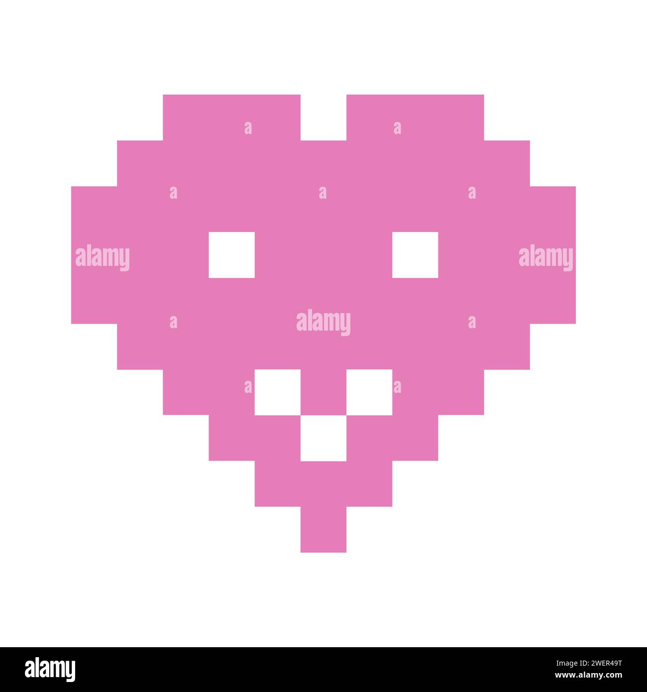 Emozione sorridente del volto, emoticon del cuore o emoji in stile pixel con occhi e bocca, illustrazione vettoriale Illustrazione Vettoriale