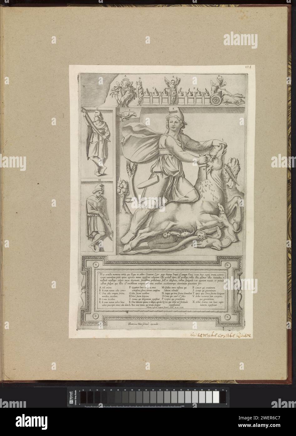 Mithras uccide un toro santo, Anonymous, 1595 - 1622 stampa allegorica della primavera. Mithras uccide il santo toro. Un cane beve dalla ferita del toro e uno scorpione attacca i testicoli del toro. Ci sono un serpente e un leone in primo piano. Al piano superiore e a sinistra altre piccole rappresentazioni di figure. Un elenco esplicativo di lettere in latino nel margine inferiore. La stampa fa parte di un album. incisione di carta pezzo di scultura, riproduzione di un pezzo di scultura. Mithra, di solito in una grotta, pugnala un toro con un pugnale Foto Stock