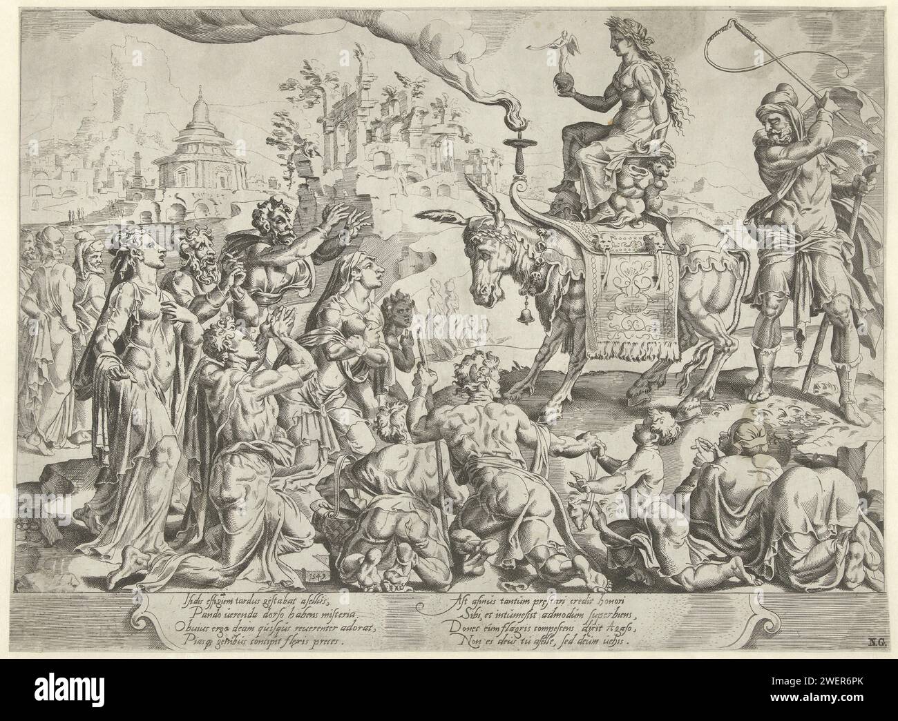 Ammonizione contro l'arroganza e l'onore indenservito, Dirck Volckertsz. Coornhert, dopo Maarten van Heemskerck, 1549 stampa un'immagine della dea femminile Iside che viene trasportata su un asino è adorata da persone inginocchiate. Rovine antiche sullo sfondo. Accanto all'asino c'è un uomo che punisce l'animale con una frusta. Pensa che le persone lo adorino, invece che l'ISIS. La stampa trae il suo disegno da un emblema di Alciato e ha rilevato anche la didascalia latina dell'emblema in un cartiglio: "ISISDIS Effigiem Tardus Stabat Asellus, Pando Verenda dorso Habens Misteria. Obvius Ergo Deam Quisqui Foto Stock