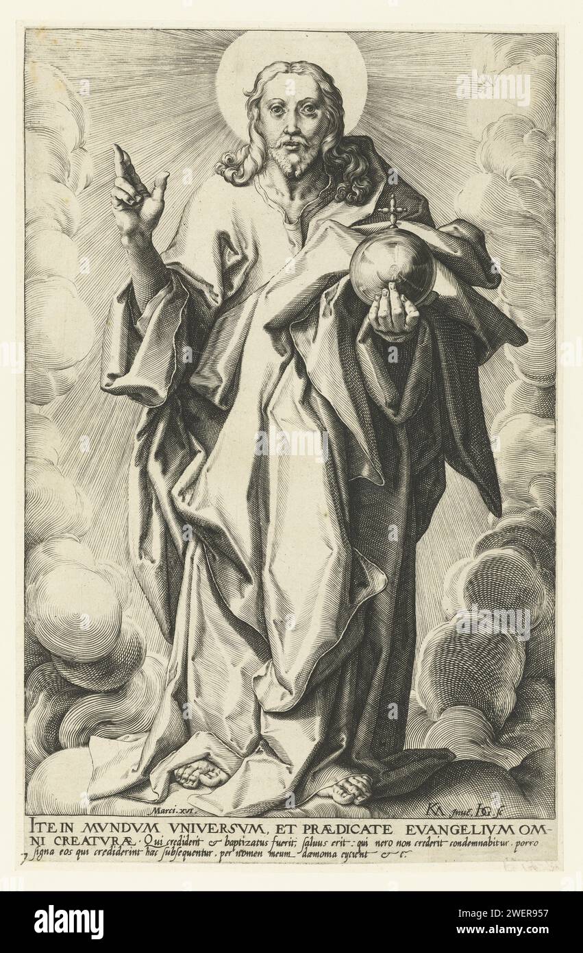 Christus ALS Salvator Mundi, 1591 - 1592 stampa Cristo, in piedi in mezzo alle nuvole, la mano destra in un gesto di benedizione, una ricca mela nella mano sinistra. Sotto la prestazione tre righe di testo latino. Questa stampa fa parte di una serie di 14 stampe, ognuna costituita da un'immagine di un apostolo, Cristo o Paolo con attributi tipici e una didascalia in latino. Incisione di carta "Salvator Mundi", facendo un gesto di benedizione; una sfera nella sua mano o ai suoi piedi Foto Stock