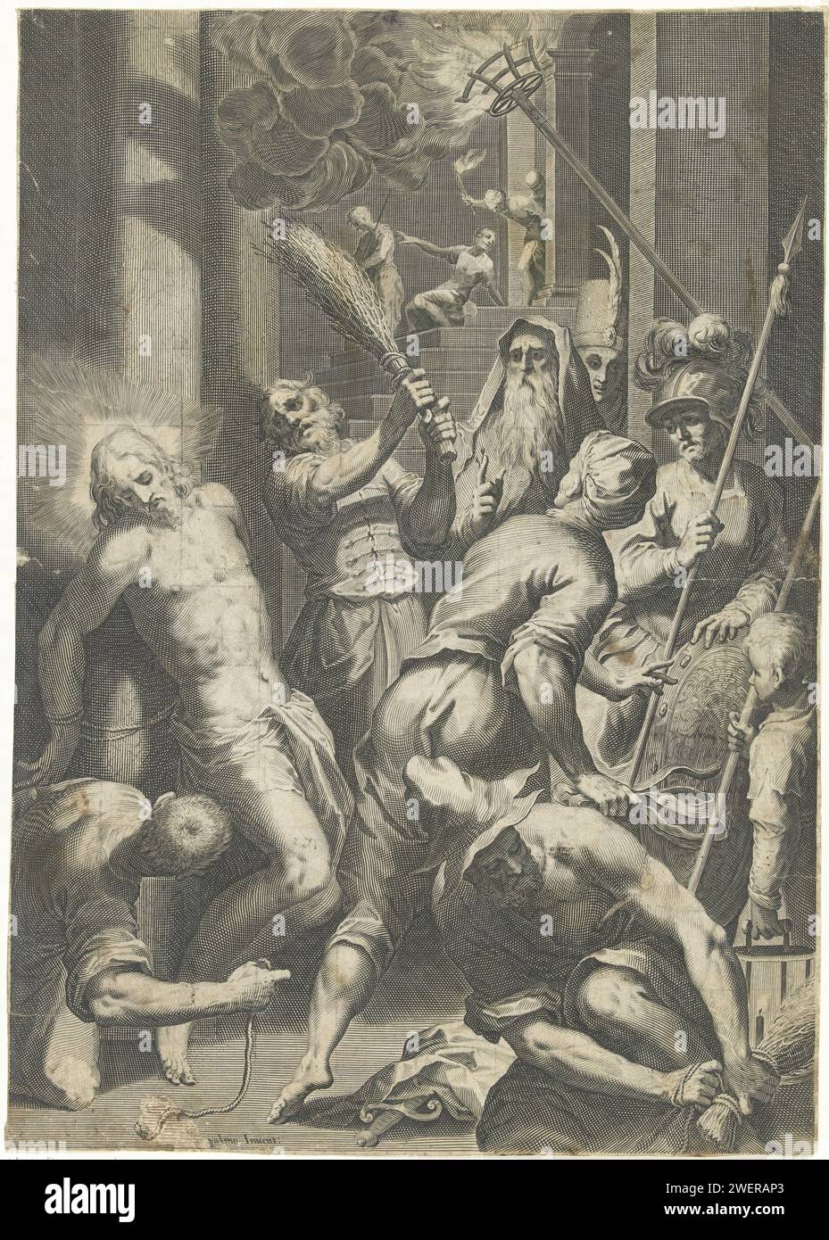 Geseling Van Christ, Giles Sadeler (2), dopo Jacopo Palma, stampa del 1594 Cristo, legato a un pilastro, viene lanciato dai soldati. Incisione di carta flagellazione da parte dei soldati, Cristo di solito legato a una colonna (Matteo 27:26; Marco 15:15; Giovanni 19:1) Foto Stock Geseling Van Christ, Giles Sadeler (2), dopo Jacopo Palma, stampa del 1594 Cristo, legato a un pilastro, viene lanciato dai soldati. Incisione di carta flagellazione da parte dei soldati, Cristo di solito legato a una colonna (Matteo 27:26; Marco 15:15; Giovanni 19:1) Foto Stock