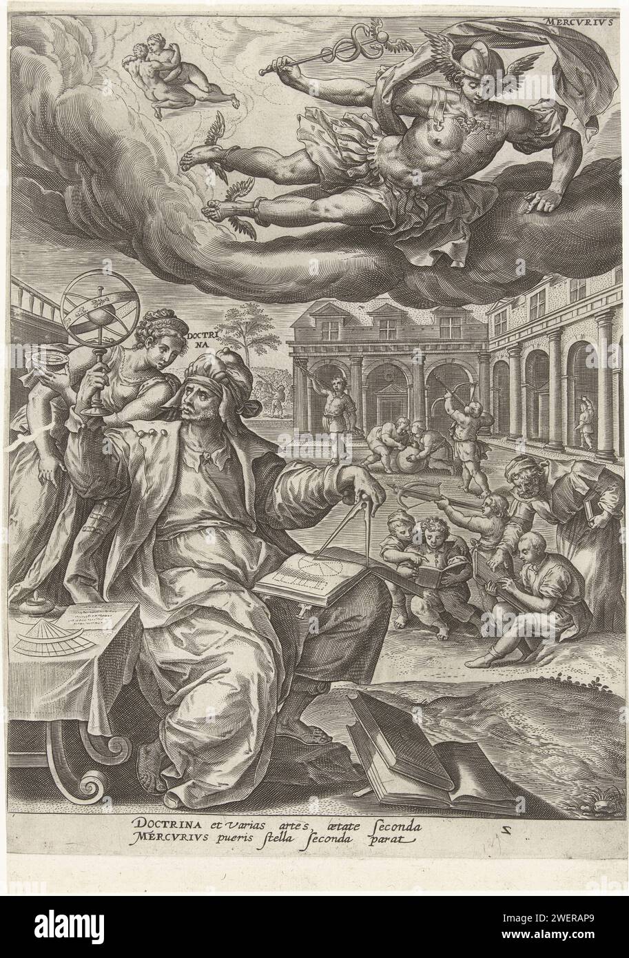 Infanzia sotto l'influenza di mercurio, Adriaen Collaert, dopo la stampa di Maerten de Vos, 1581 il pianeta dio sta fluttuando mercurio nell'aria. È accompagnato dai gemelli, il suo segno astrologico. In primo piano la personificazione della Doctrina, l'educazione. Come un vecchio insegnante, studia un cielo e prende misure con un passante. Una giovane donna con una bussola lo assiste. Sullo sfondo, i giovani imparano a leggere, scrivere, geometria e tiro con l'arco. La stampa ha una didascalia latina e fa parte di una serie in sette parti sulla potenza dei sette pianeti sulle sette età dell'uomo. Carta che mi incide Foto Stock