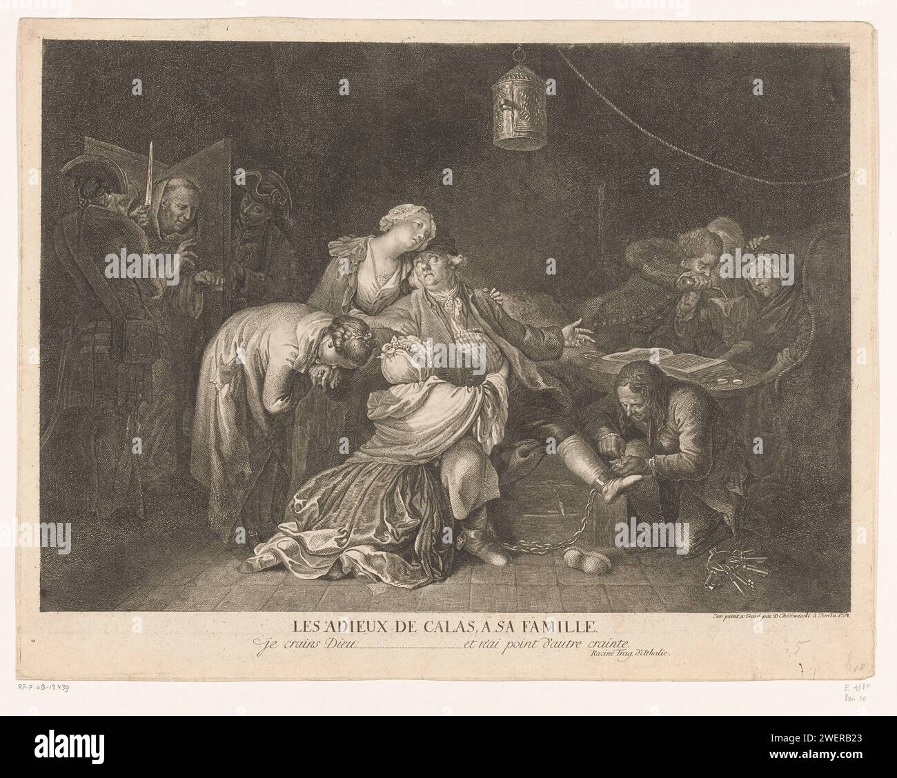 Addio a Jean Calas in prigione, Daniel Nikolaus Chodowiecki, dopo Jean-Baptiste Delafosse, dopo Louis de Carmontelle, 1768 stampa il mercante francese Jean Calas di Tolosa fu falsamente accusato di omicidio di Marc Antoine, suo figlio di 30 anni nel 1761. Si dice che Calas (calvinista) abbia ucciso suo figlio perché voleva convertirsi al cattolicesimo. Calas fu messo a morte nel marzo 1762. Questa impronta mostra come la famiglia dica addio a Calas. Le figlie di Calas abbracciano il loro padre, mentre il figlio Pierre gli bacia la mano. Sulla destra, all'angolo, la moglie di Calas svenne. L'avvocato Gaubert Lavaysse e Th Foto Stock