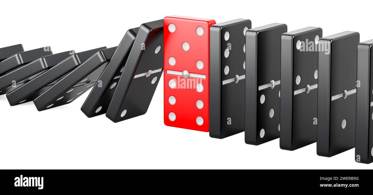 La tessera rossa domino ha interrotto l'effetto domino. Concetto di leader e successo. Rendering 3D isolato su sfondo bianco Foto Stock