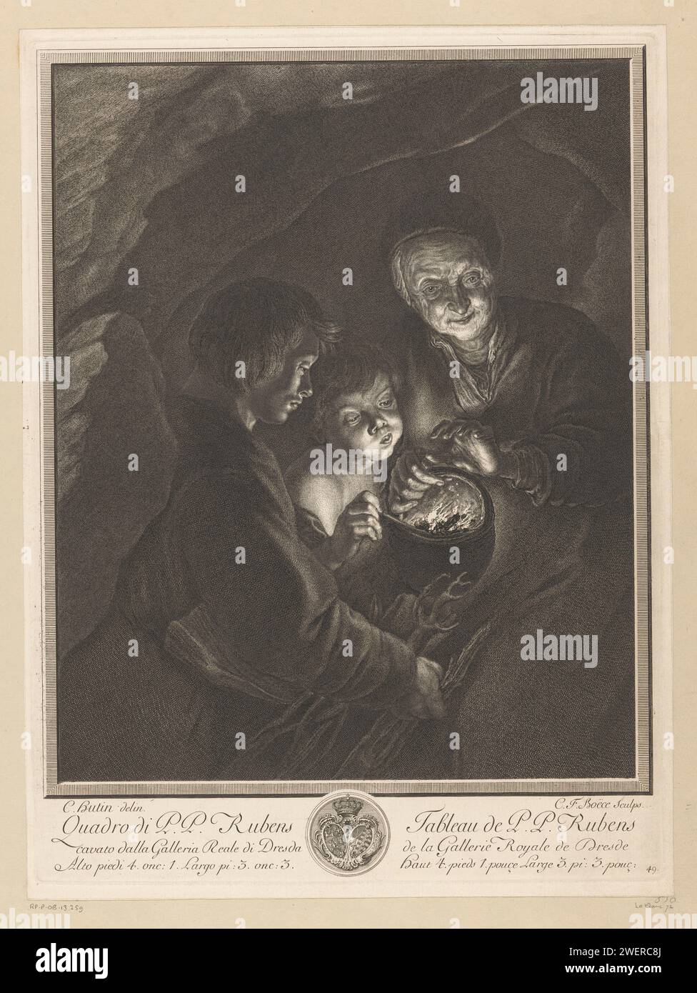 Donna anziana con un vaso di carbone e due figli, Christian Friedrich Boëtius, dopo Charles Francois Hutin, dopo Peter Paul Rubens, 1753 - 1757 stampe numerate in basso a destra: 49. cuscinetto araldico per incisione/incisione su carta, araldica Foto Stock