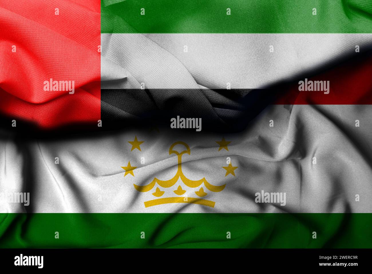 Illustrazione della bandiera degli emirati arabi uniti che combina la bandiera del tagikistan, sfondo decorativo. illustrazioni 3d. Foto Stock
