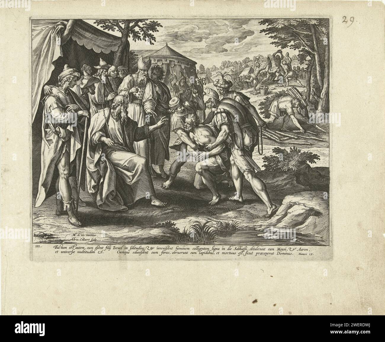 Punizione del trasgressore dello Shabbat: Il terzo comandamento, Adriaen Collaert, dopo Maerten de Vos, 1585 - 1589 stampa Un uomo che aveva iniziato a raccogliere legna durante lo Shabbat per un incendio viene portato a Mosè (numeri 15: 32-36). Questa è una violazione del terzo comandamento: 'Ricordate il sabato'. L'uomo è condannato a morte per lapidazione. La stampa ha una didascalia latina. La serie stampa descrive i dieci Comandamenti attraverso scene dell'Antico Testamento. incisione su carta 'ricorda il giorno di sabato'  rappresentazione separata del quarto dei dieci comandamenti. il demolitore di sabato è lapidato Foto Stock