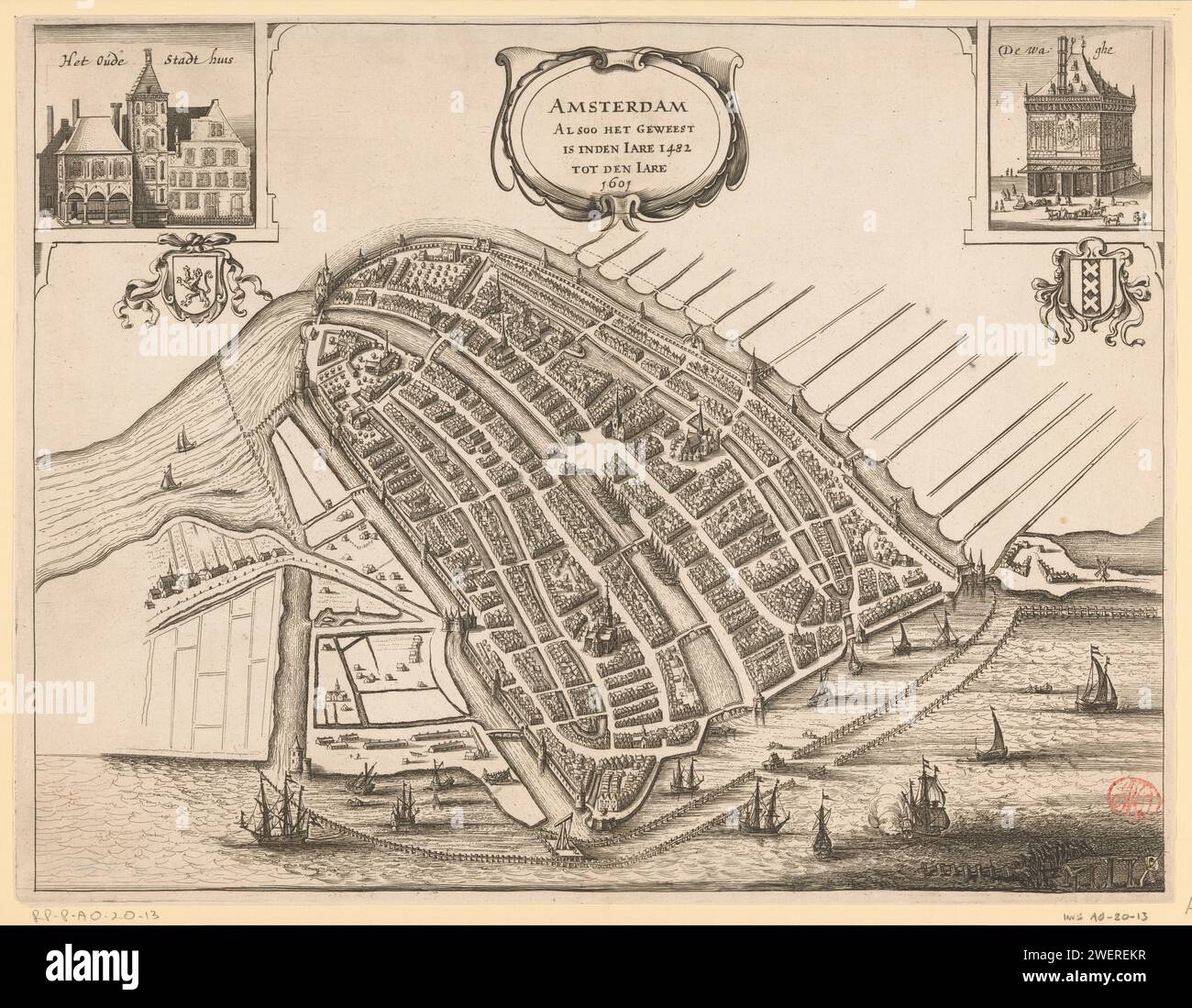 Mappa di Amsterdam, 1482-1601, Anonimo, dopo Cornelis Anthonisz., 1748 stampa Mappa di Amsterdam come avrebbe guardato tra il 1482 e il 1601 in una breve prospettiva. In alto a sinistra un volto sul vecchio municipio in Piazza Dam, incluso il Wapen van Holland. Al piano superiore, al centro, il cartiglio del titolo. In alto a destra c'è una faccia sul Waag in piazza Dam, sotto lo stemma della città. Orientamento: West Southwest Boven. mappe di incisione/incisione su carta delle città. stemma (simbolo dello stato, ecc.) (+ provincia; provinciale). stemma (simbolo dello stato, ecc.) (+ città; mun Foto Stock