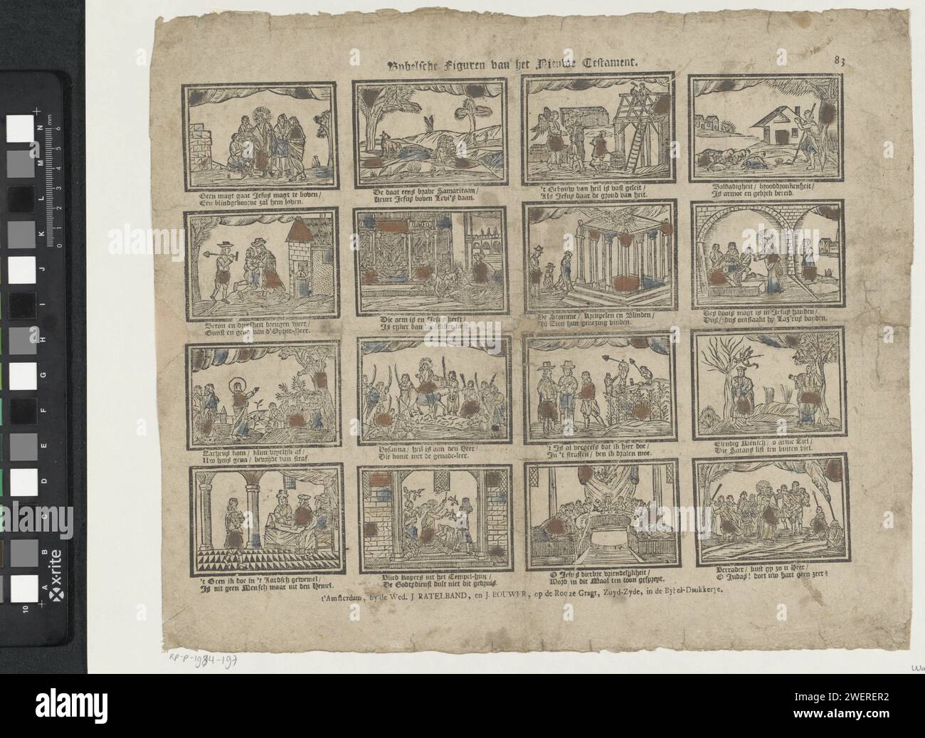 Figure bibliche del nuovo Testamento, 1767 - c. 1778 stampa Leaf con 16 rappresentazioni di storie del nuovo Testamento. Sotto ogni immagine un verso bidirezionale. Numerato in alto a destra: 83. carta stampa letterpress Foto Stock