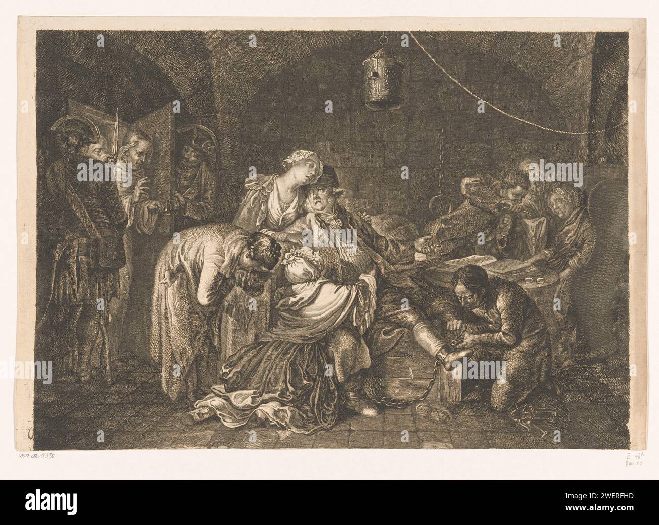 Addio a Jean Calas in prigione, Daniel Nikolaus Chodowiecki, dopo Jean-Baptiste Delafosse, dopo Louis de Carmontelle, 1767 stampa il mercante francese Jean Calas di Tolosa fu falsamente accusato di omicidio di Marc Antoine, suo figlio di 30 anni nel 1761. Si dice che Calas (calvinista) abbia ucciso suo figlio perché voleva convertirsi al cattolicesimo. Calas fu messo a morte nel marzo 1762. Questa impronta mostra come la famiglia dica addio a Calas. Le figlie di Calas abbracciano il loro padre, mentre il figlio Pierre gli bacia la mano. Sulla destra, all'angolo, la moglie di Calas svenne. L'avvocato Gaubert Lavaysse e Th Foto Stock